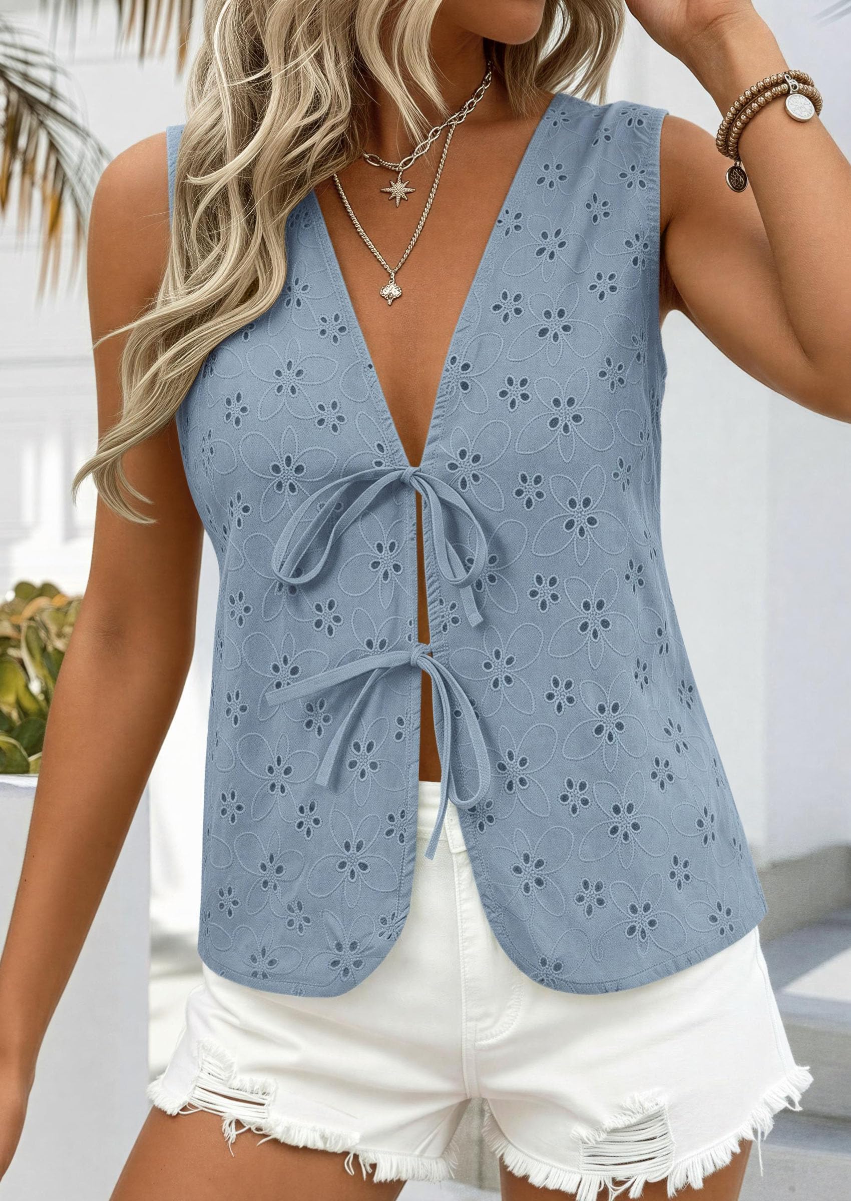 Women's Summer Eyelet Lace Tie Front Vest Tops (Dusty Blue,S)