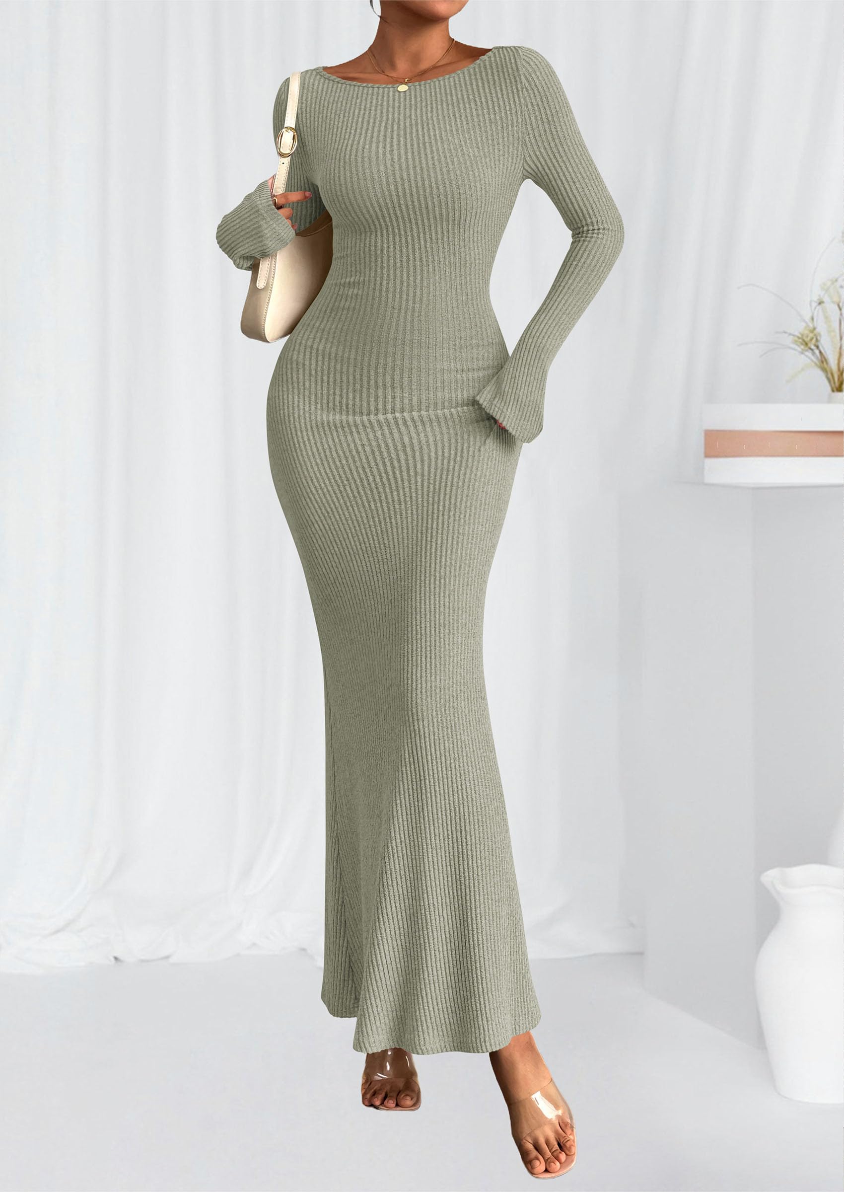 Women's Fall Long Sleeve Bodycon Maxi Dresses(Light Green,XS)