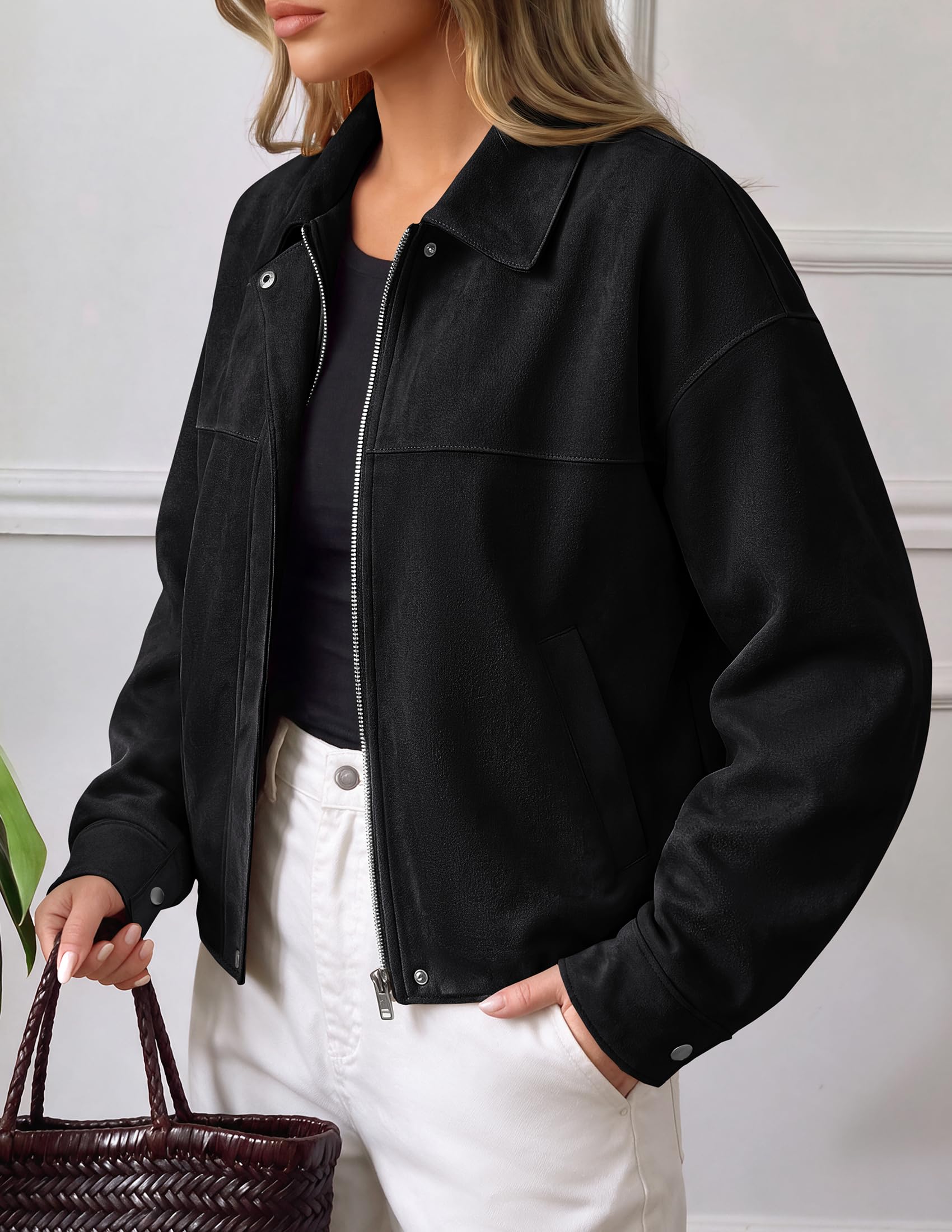Women's Faux Suede Cropped Fall Jackets,Black,S