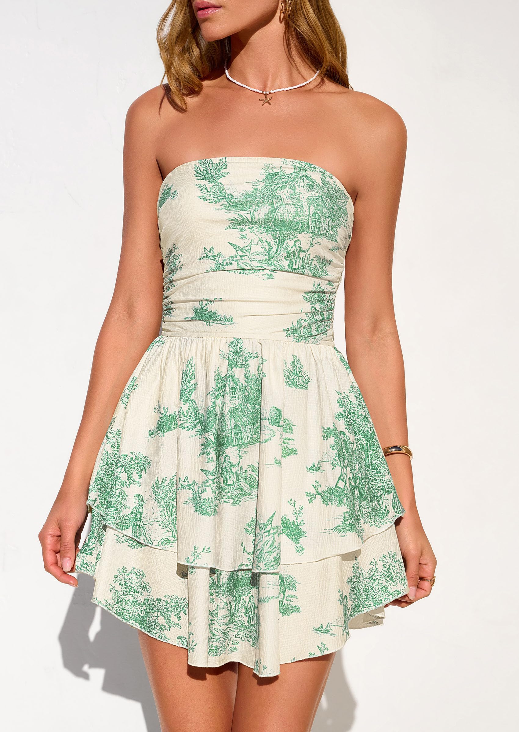 Women's Summer Strapless Flowy Mini Dresses (Floral Green,S)