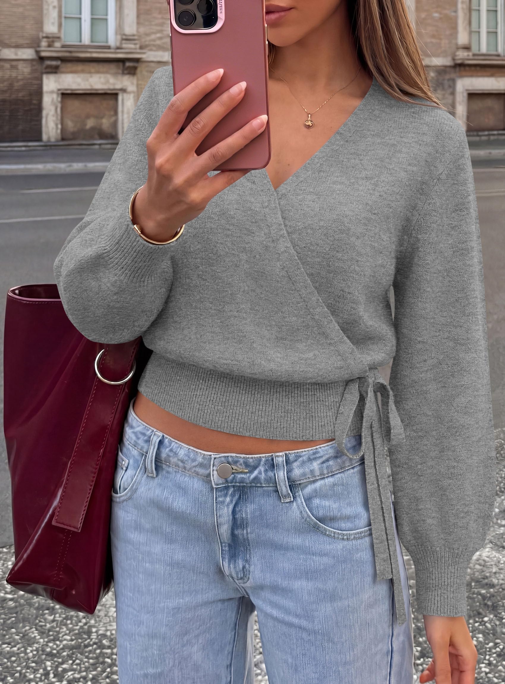 V Neck Wrap Sweaters for Women Fall Outifts Pullover Grey,S