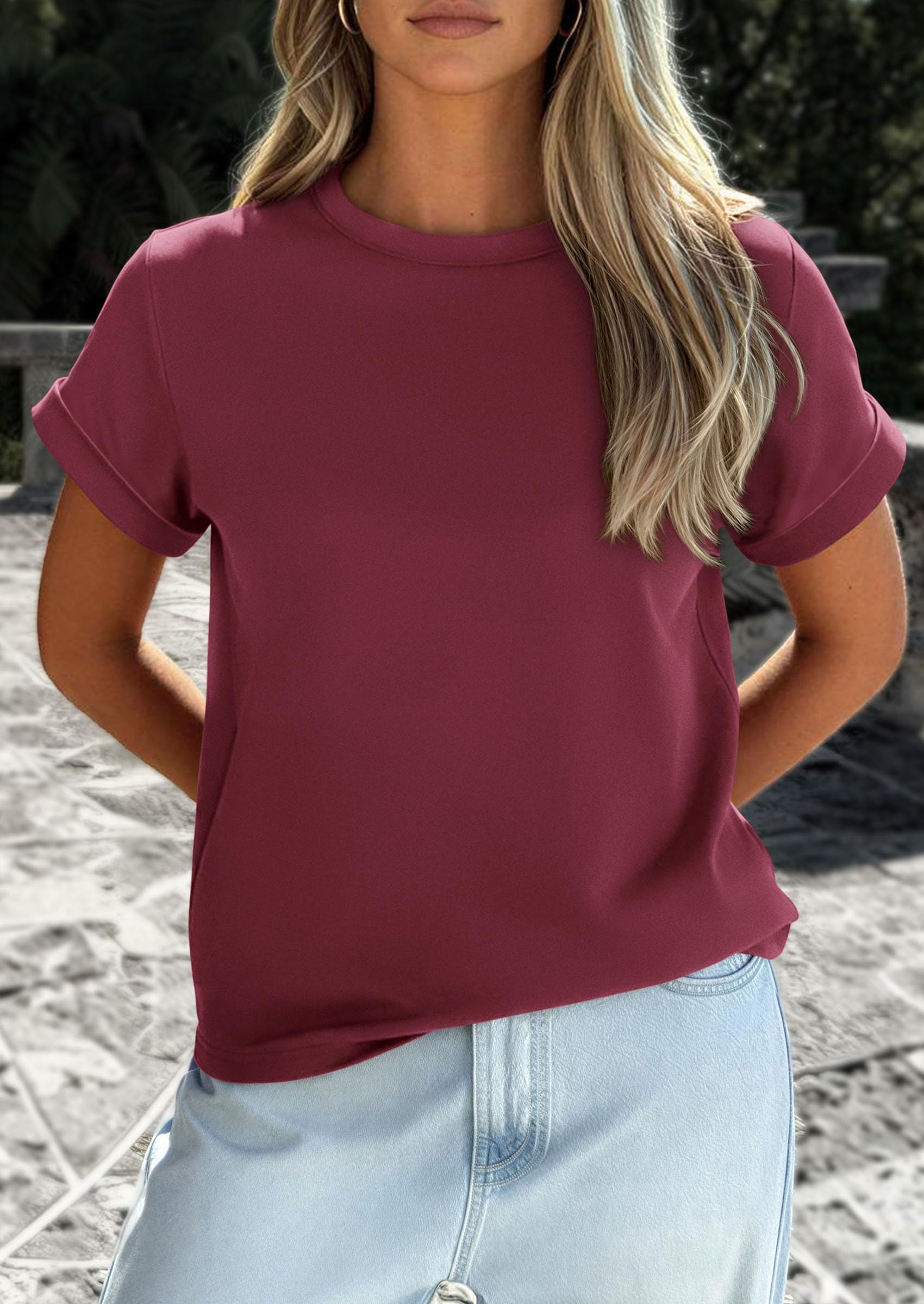 Womens Summer Tops Short Sleeve Shirts,Wine Red,M