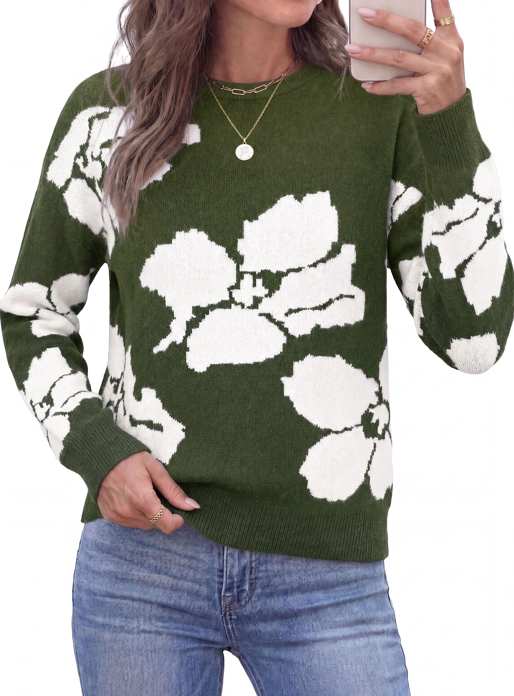 Womens Floral Sweater Crewneck Printed Pullover Tops