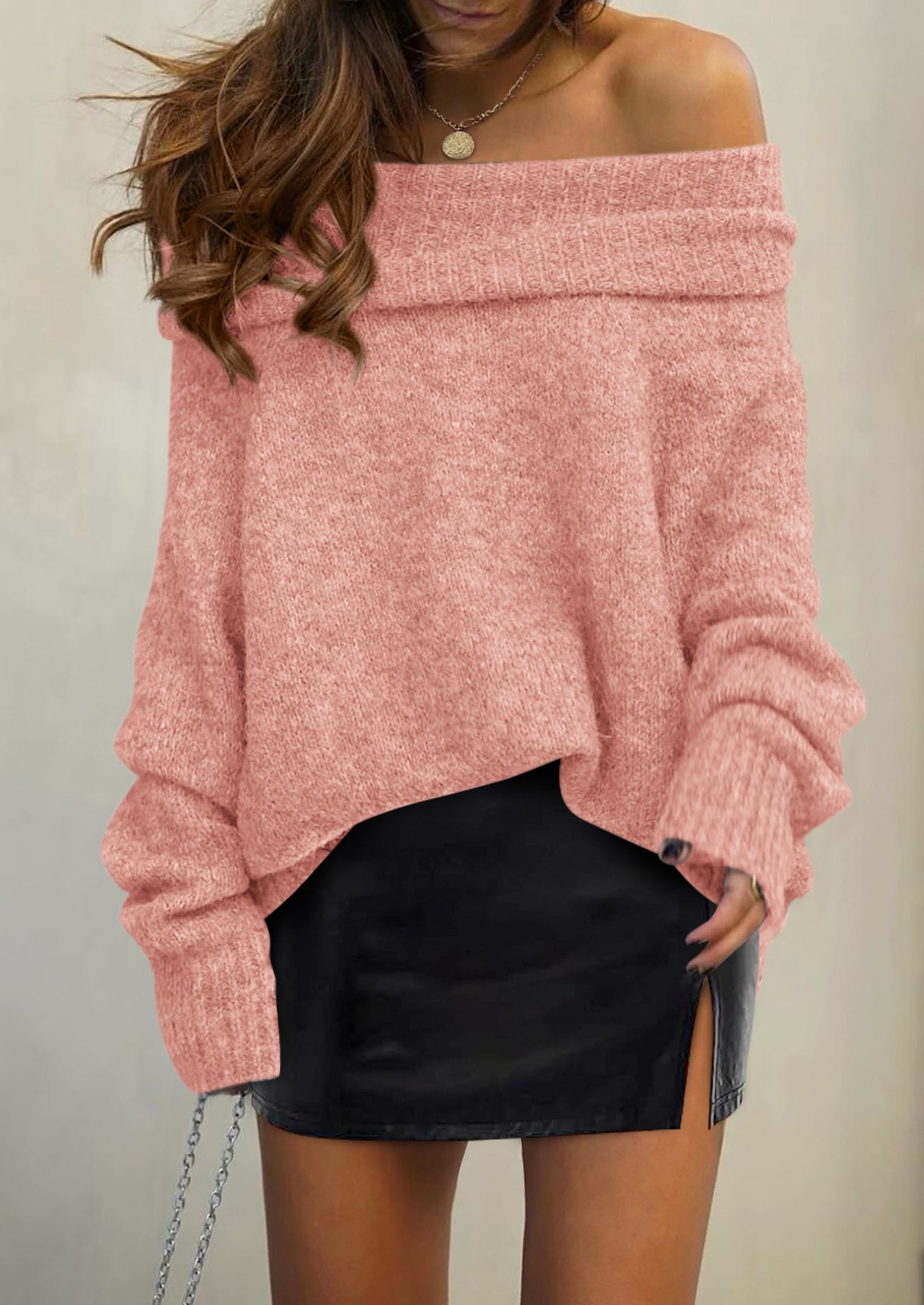 Women's Fall Off The Shoulder Sweater,Pink,S