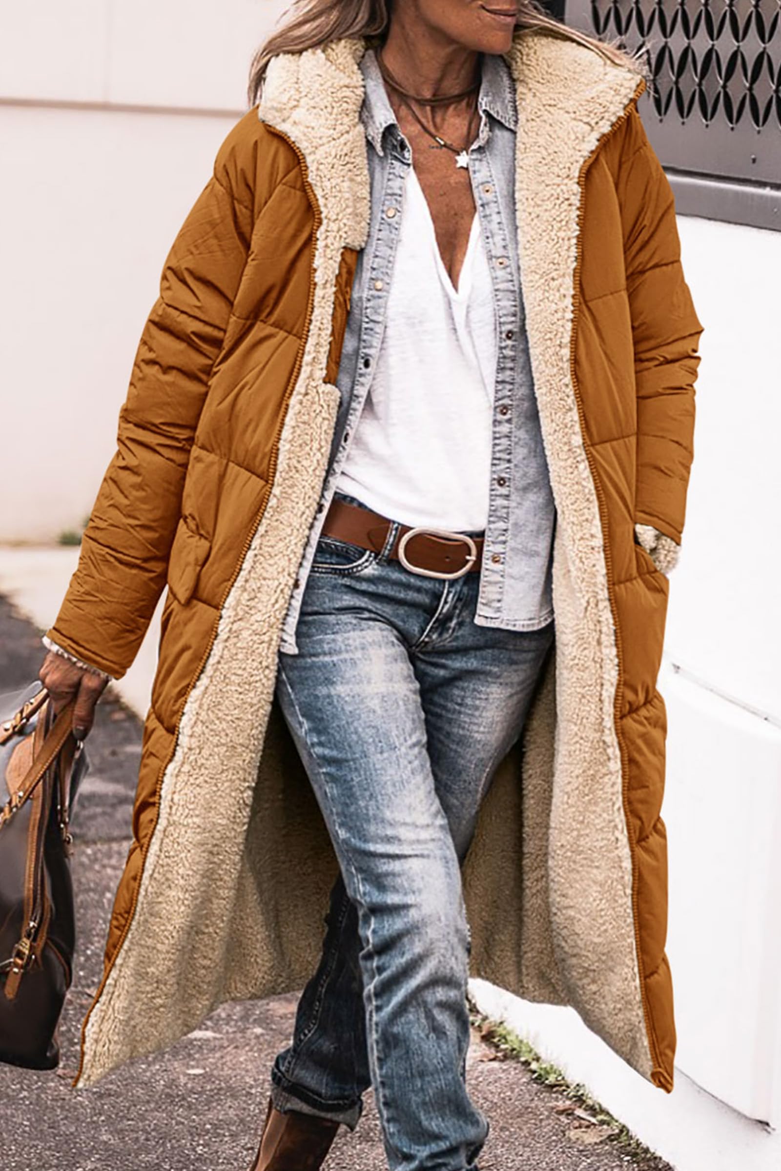 Women's Winter Fleece Warm Long Coats(Brown,Small)