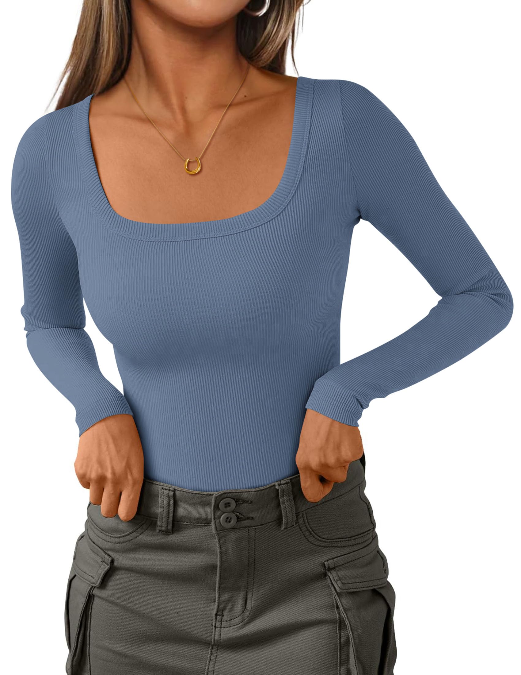 Square Neck Long Sleeve Shirts for Women Blue Grey,S