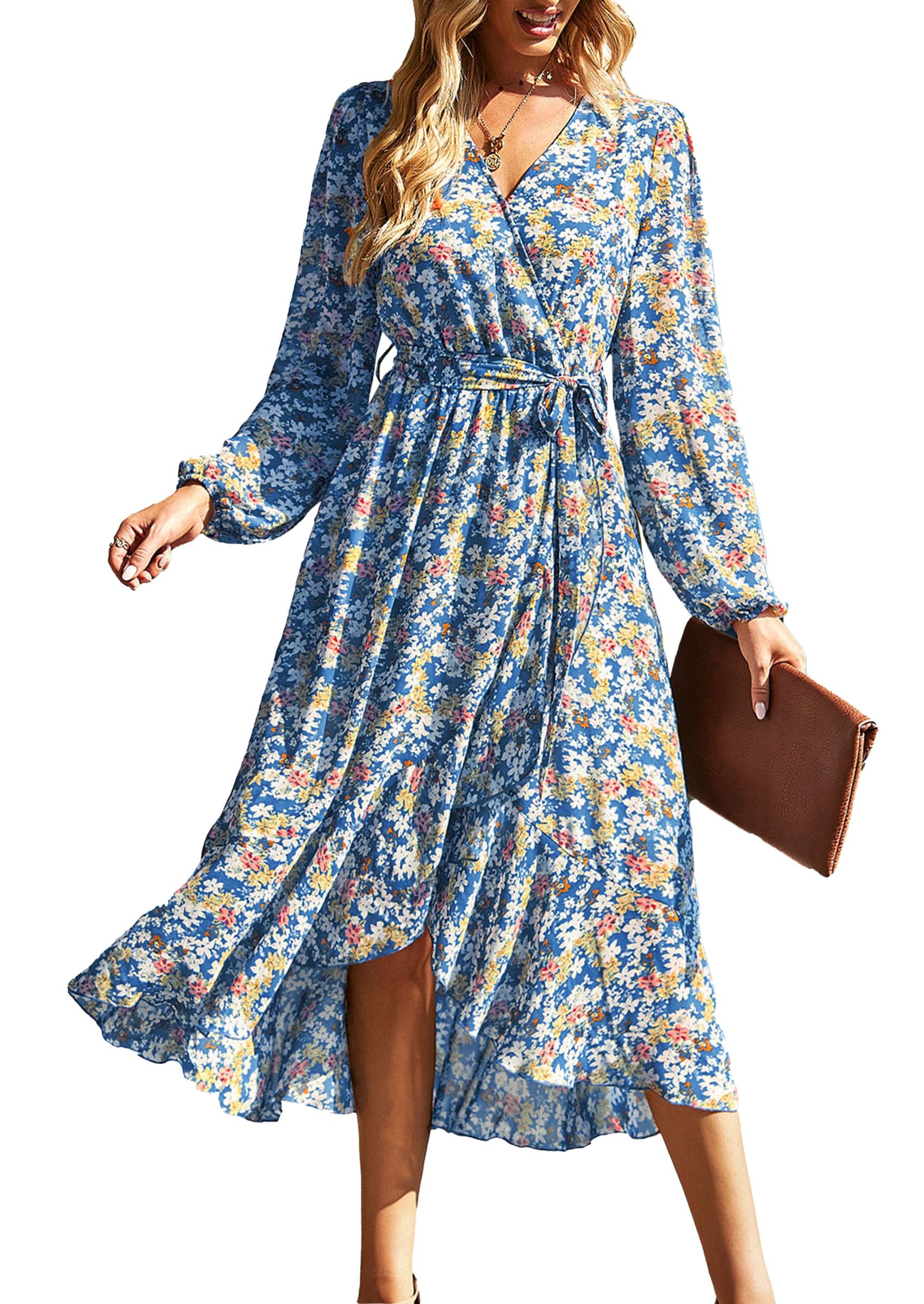 Women's Floral Boho Long Sleeve Maxi Dress, Floral Blue,S