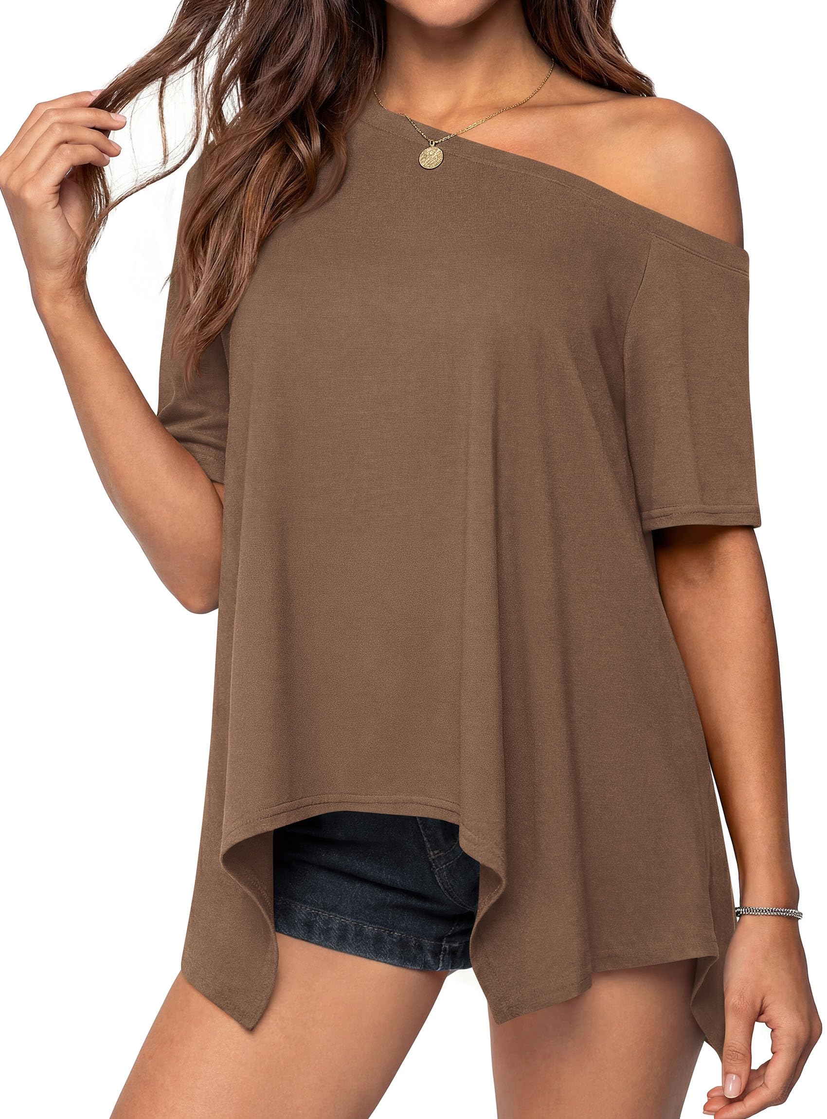 Off Shoulder Tops for Women Oversized Tshirts, Dark Khaki,S