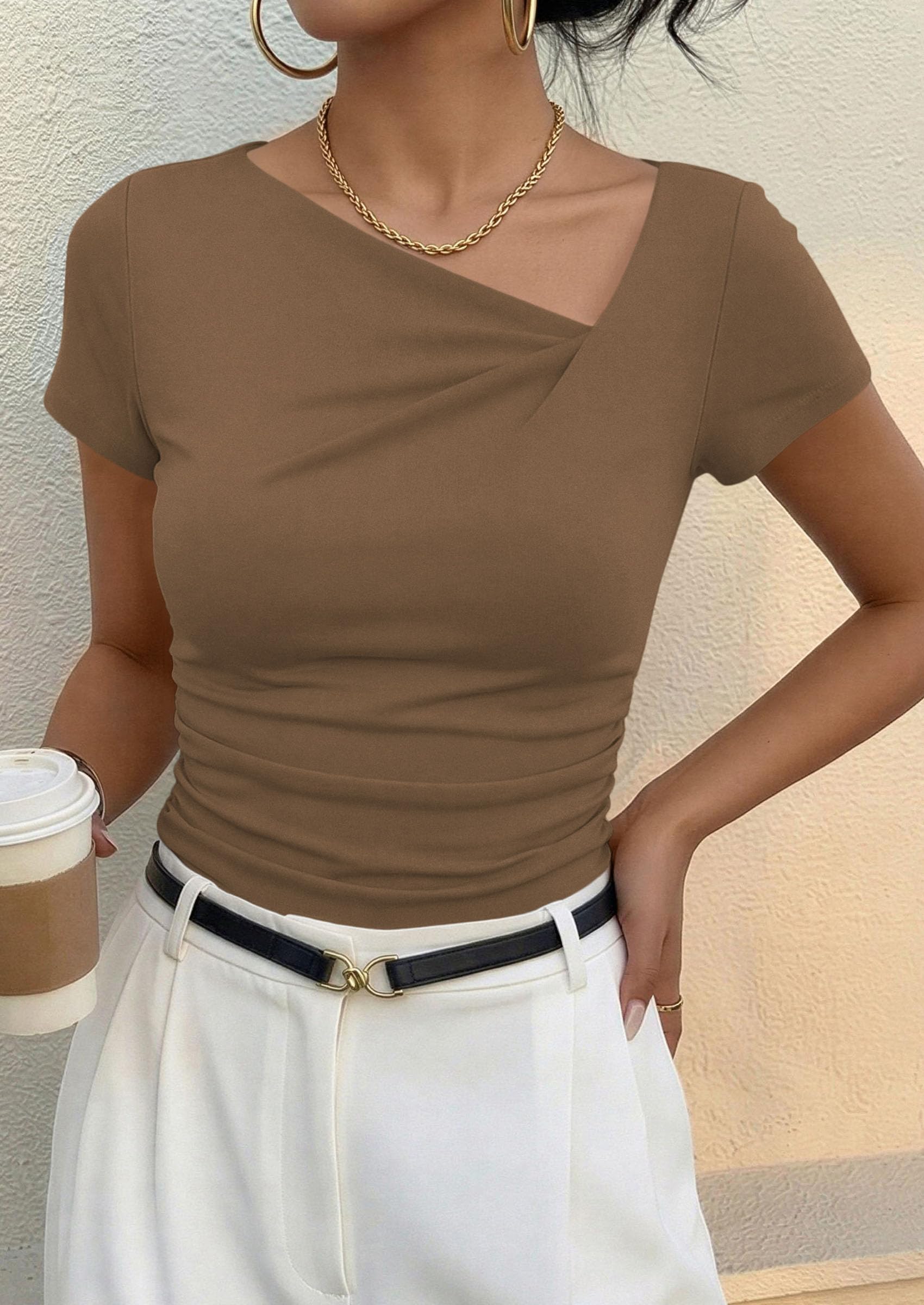 Women's Summer Trendy Asymmetrical Y2K Tops (Dark Khaki,S)
