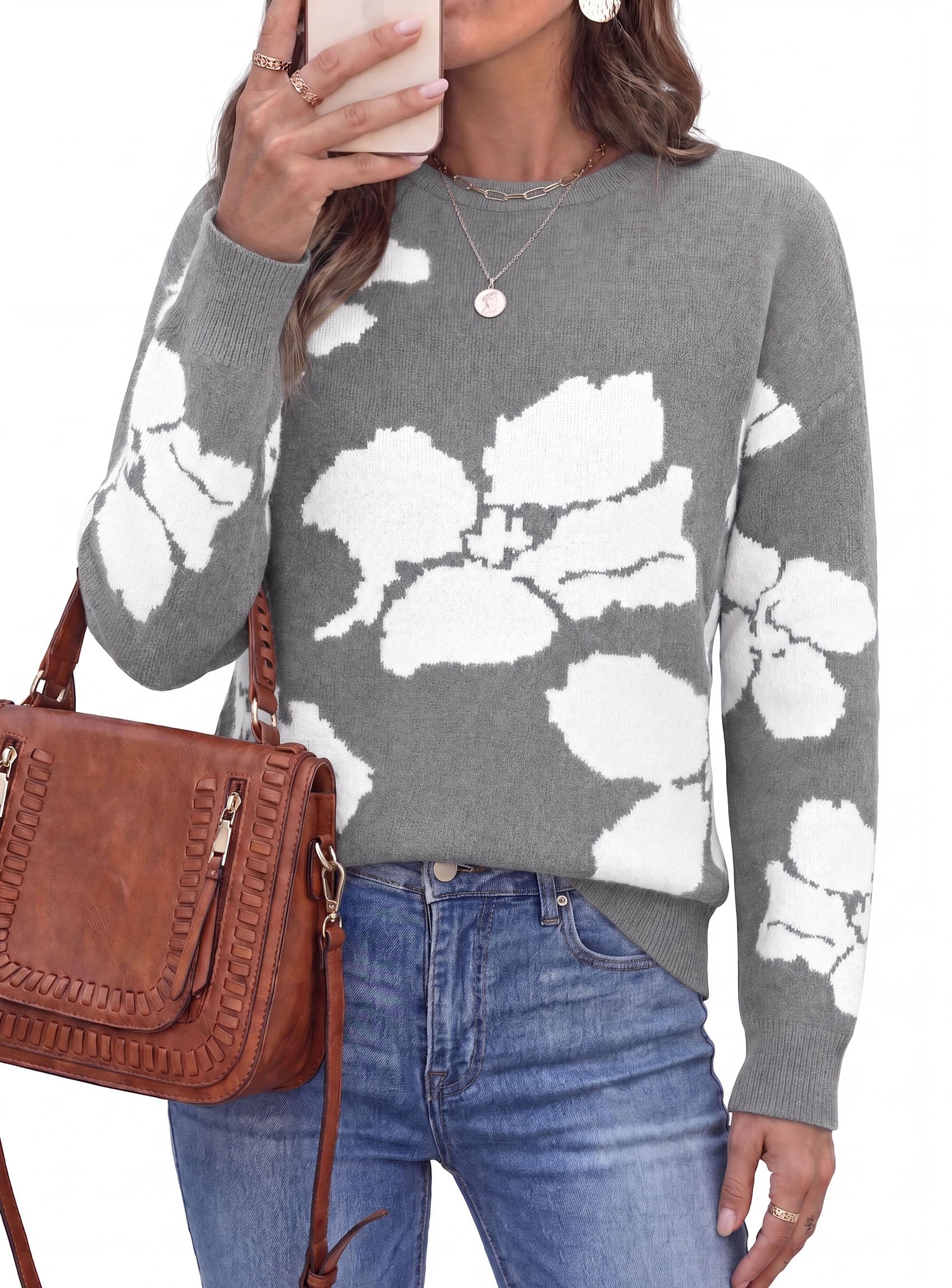 Womens Floral Sweater Crewneck Printed Pullover Tops Grey