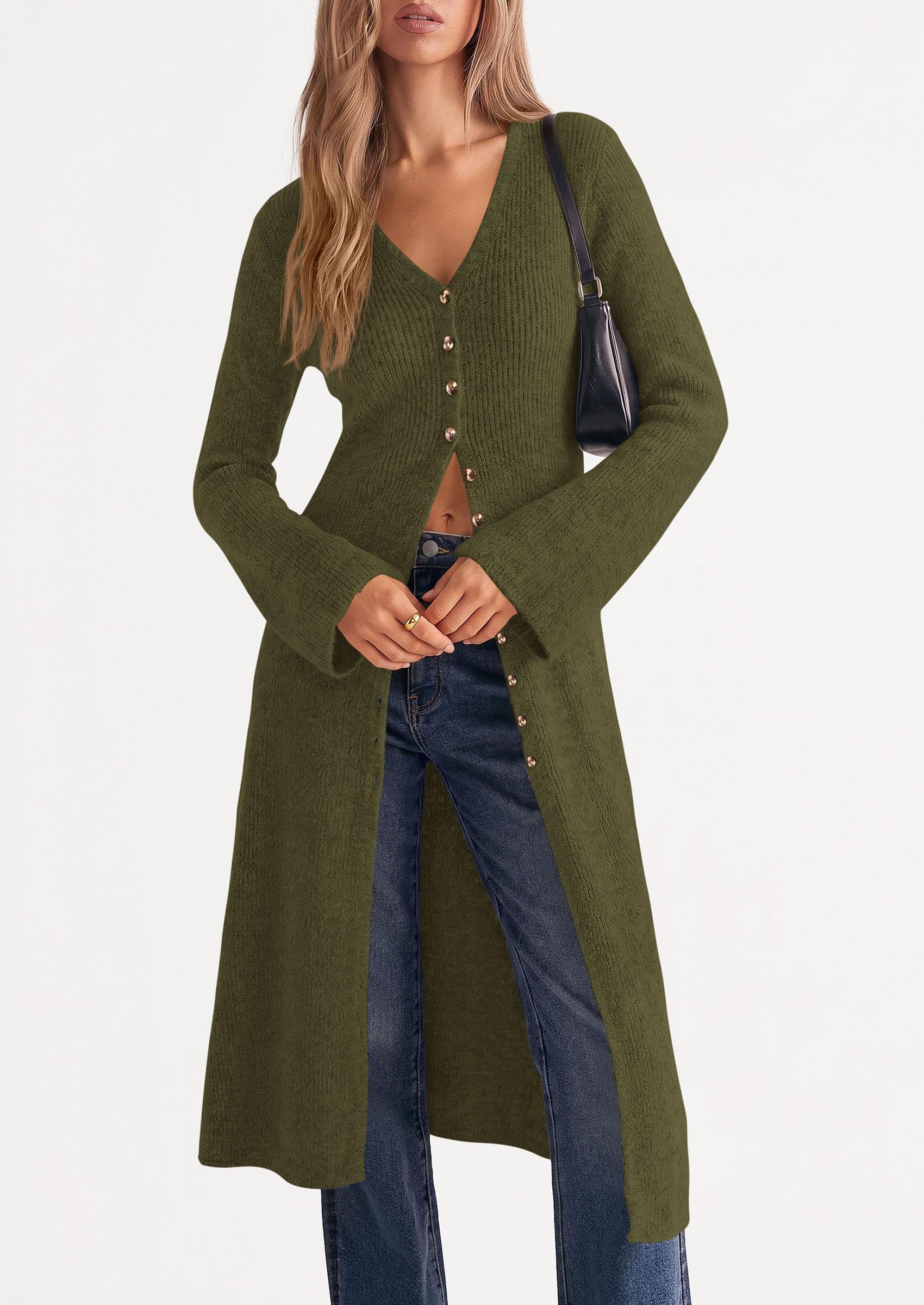 Women Long Cardigan Bell Sleeve Sweater Dress (Army Green,S)