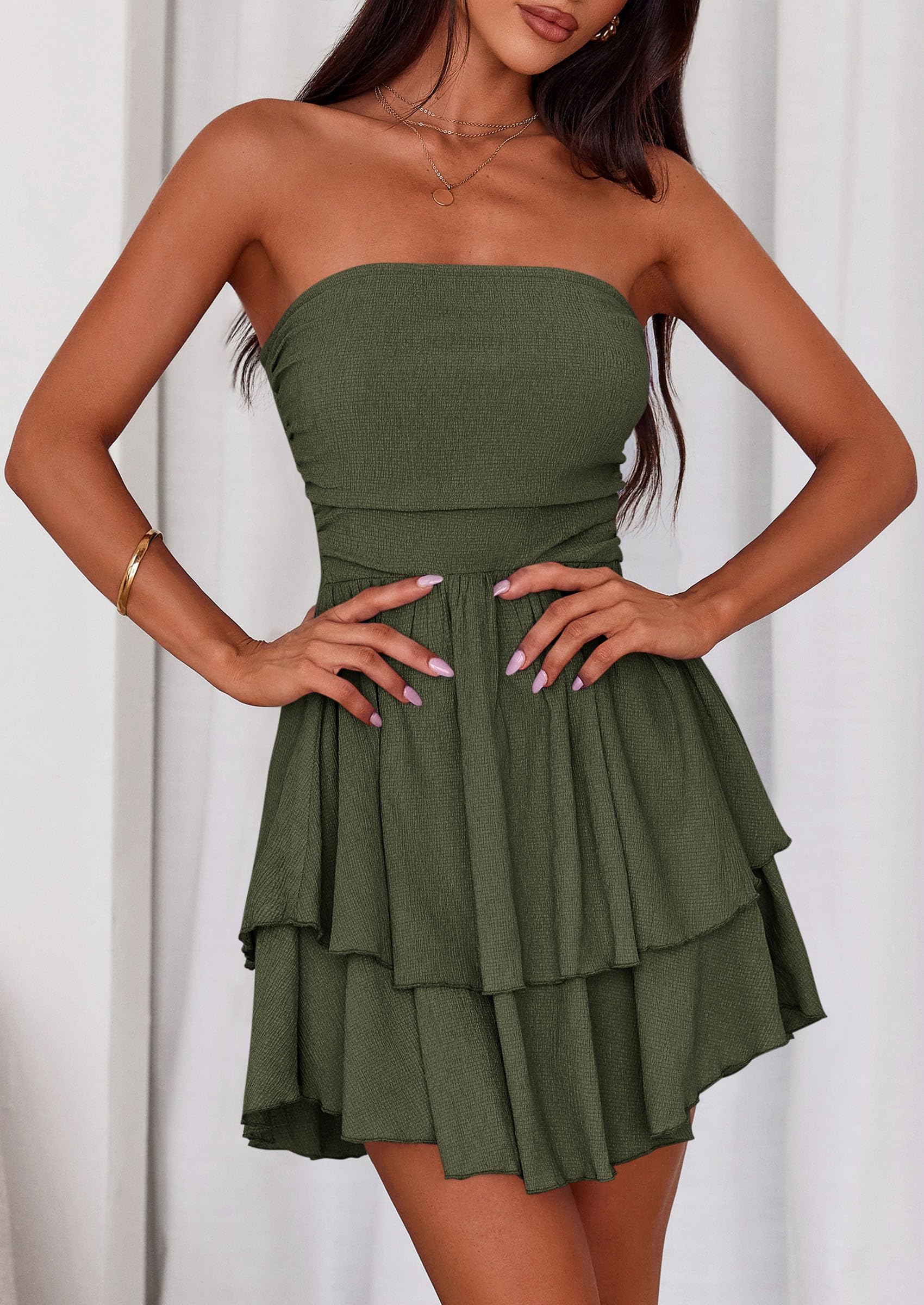 Women's Summer Strapless Flowy Mini Dresses (Army Green,S)