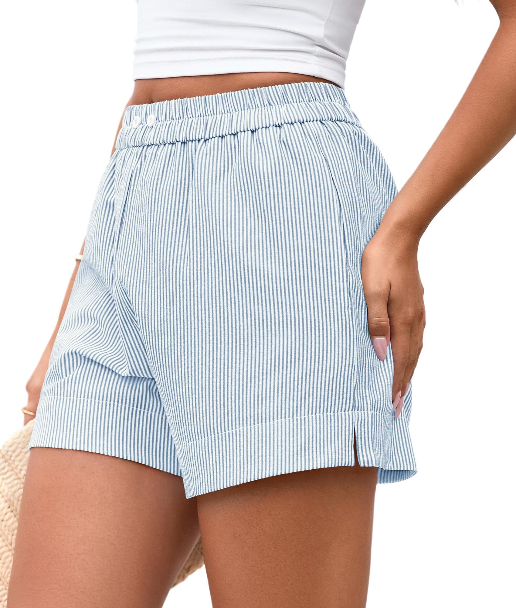 Women Summer Striped Boxer Shorts, Striped Light Blue White,S