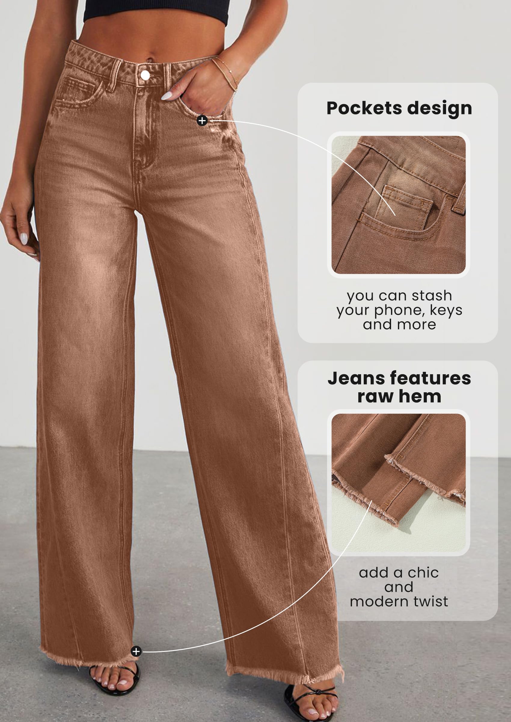 Women's Wide Leg Jeans Raw Hem Denim Pants,Brown,6