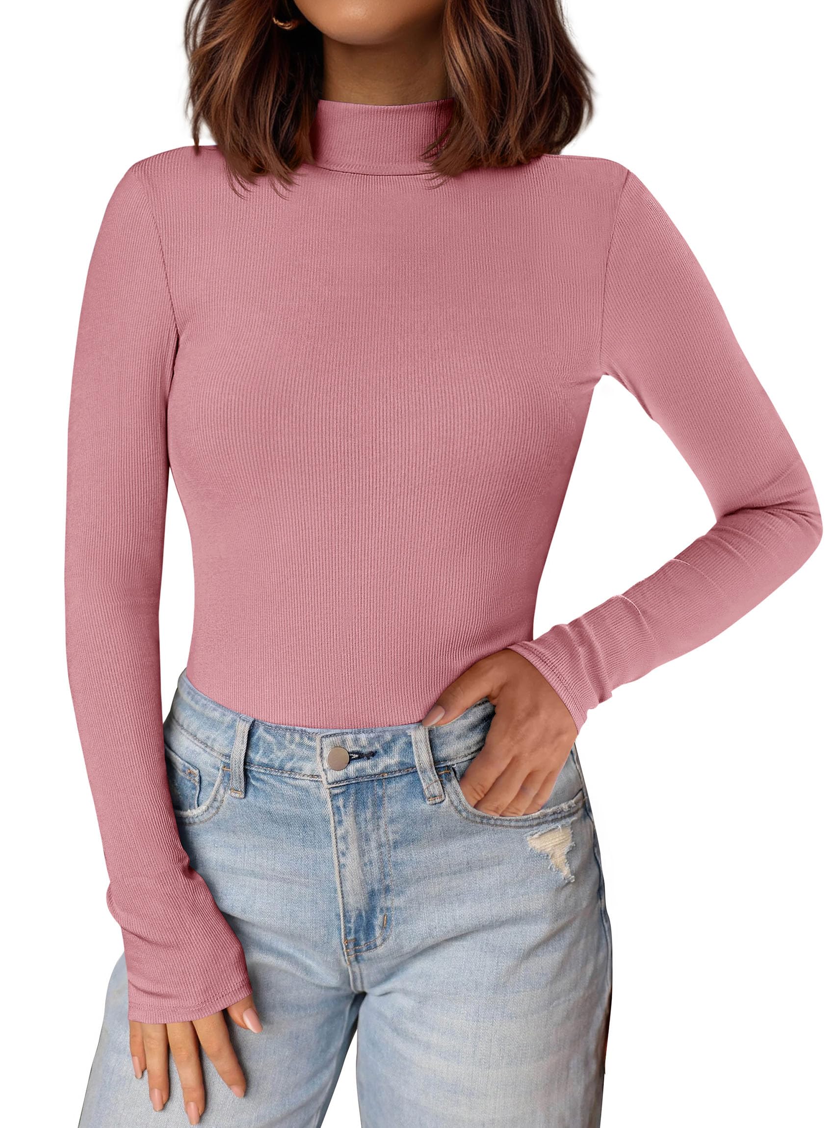 Womens Mock Turtleneck Fall Long Sleeve Shirts,Pink,XS