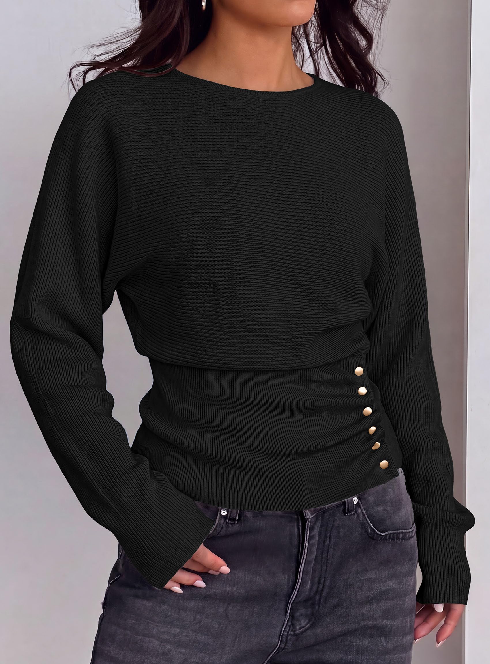 Batwing Sleeve Sweaters for Women Pullover Fall Clothes Black