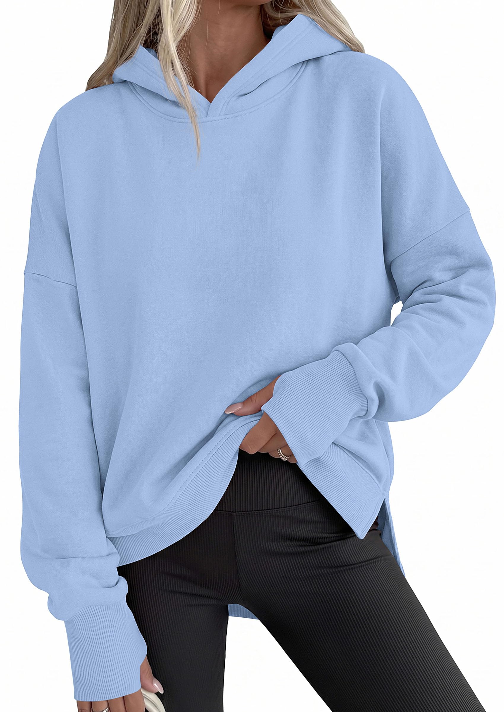 Womens Oversized Hoodies Side Slit Sweatshirts Light Blue,L