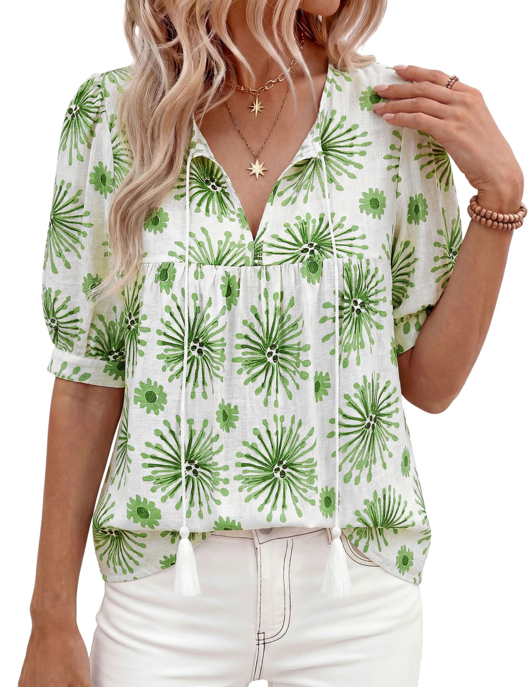 Womens Summer Boho Blouses Dressy Casual Floral White Green,S