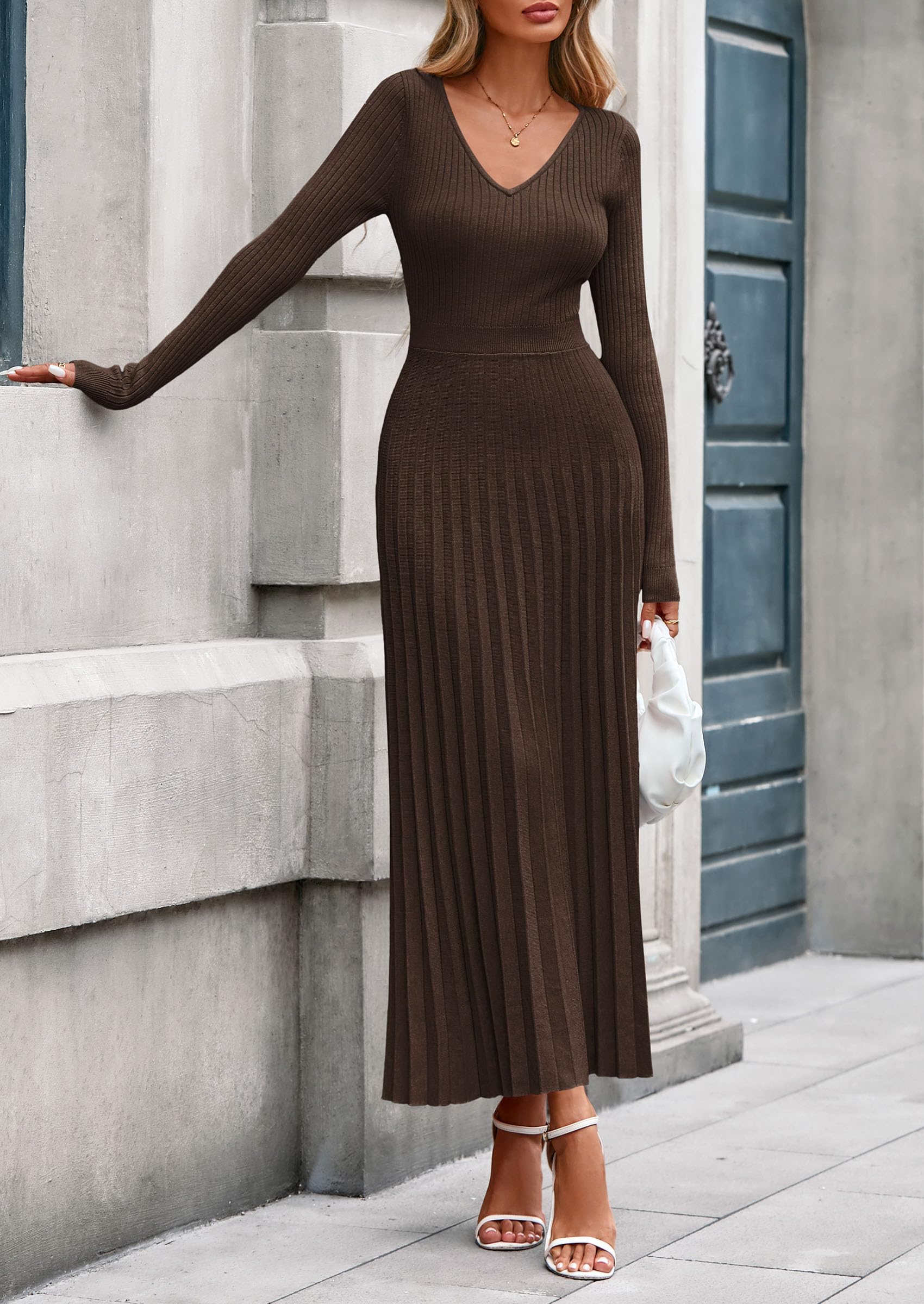 Sweater Dress Women Long Sleeve Maxi Flowy Pleated Dresses
