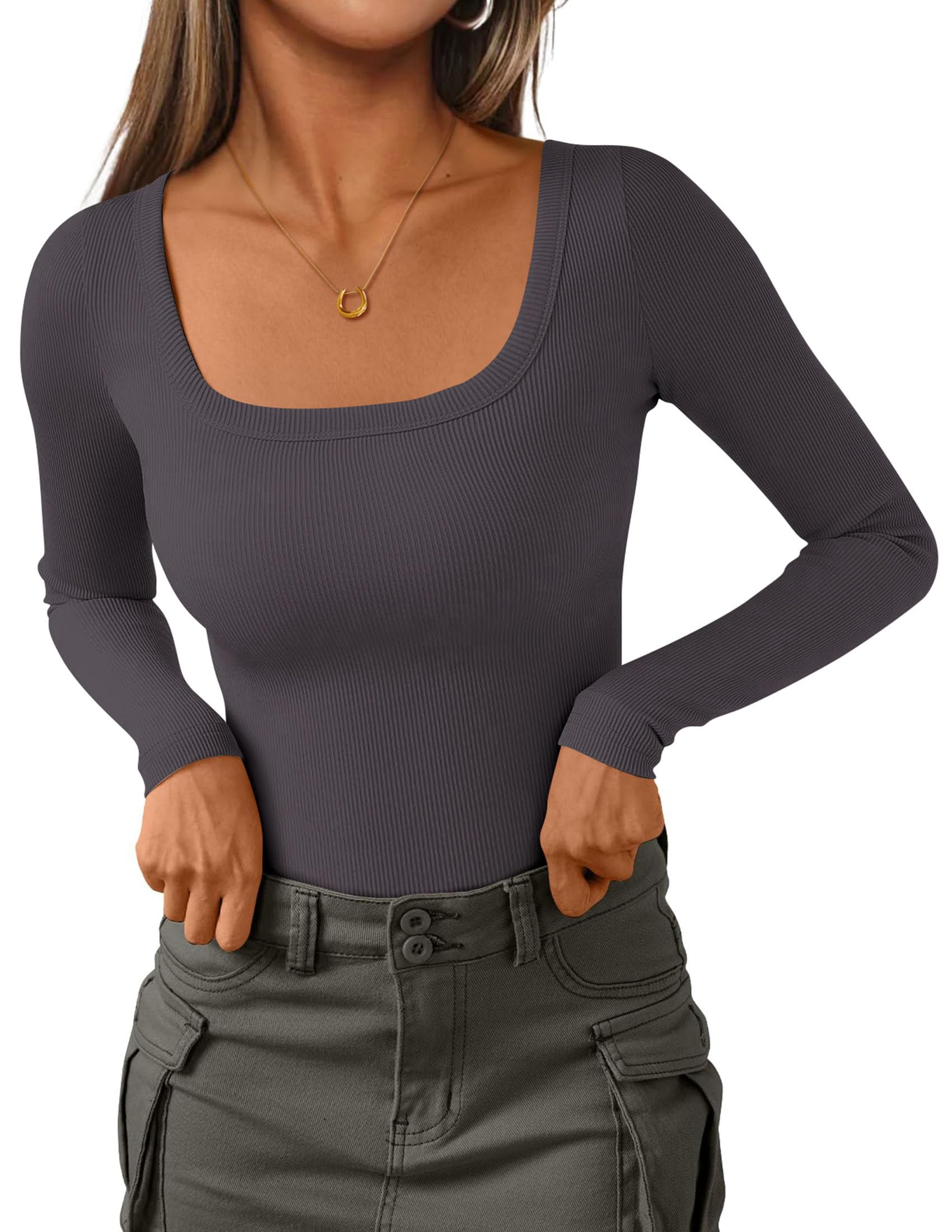 Square Neck Long Sleeve Shirts for Women Dark Grey,XS