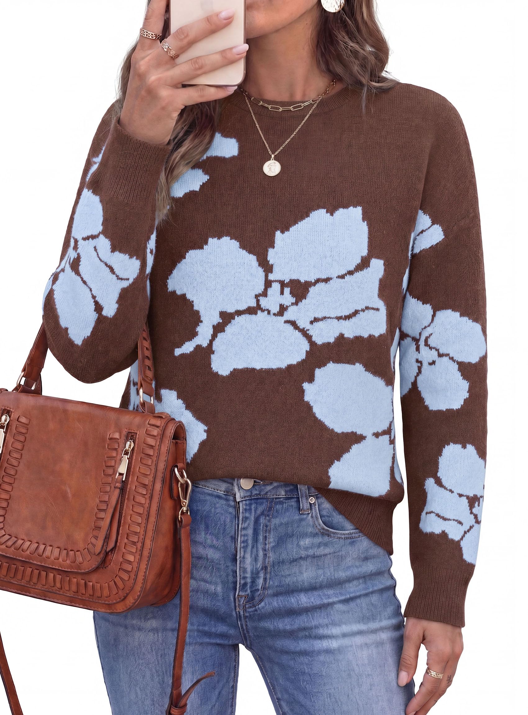 Womens Floral Sweater Crewneck Printed Pullover Tops Brown