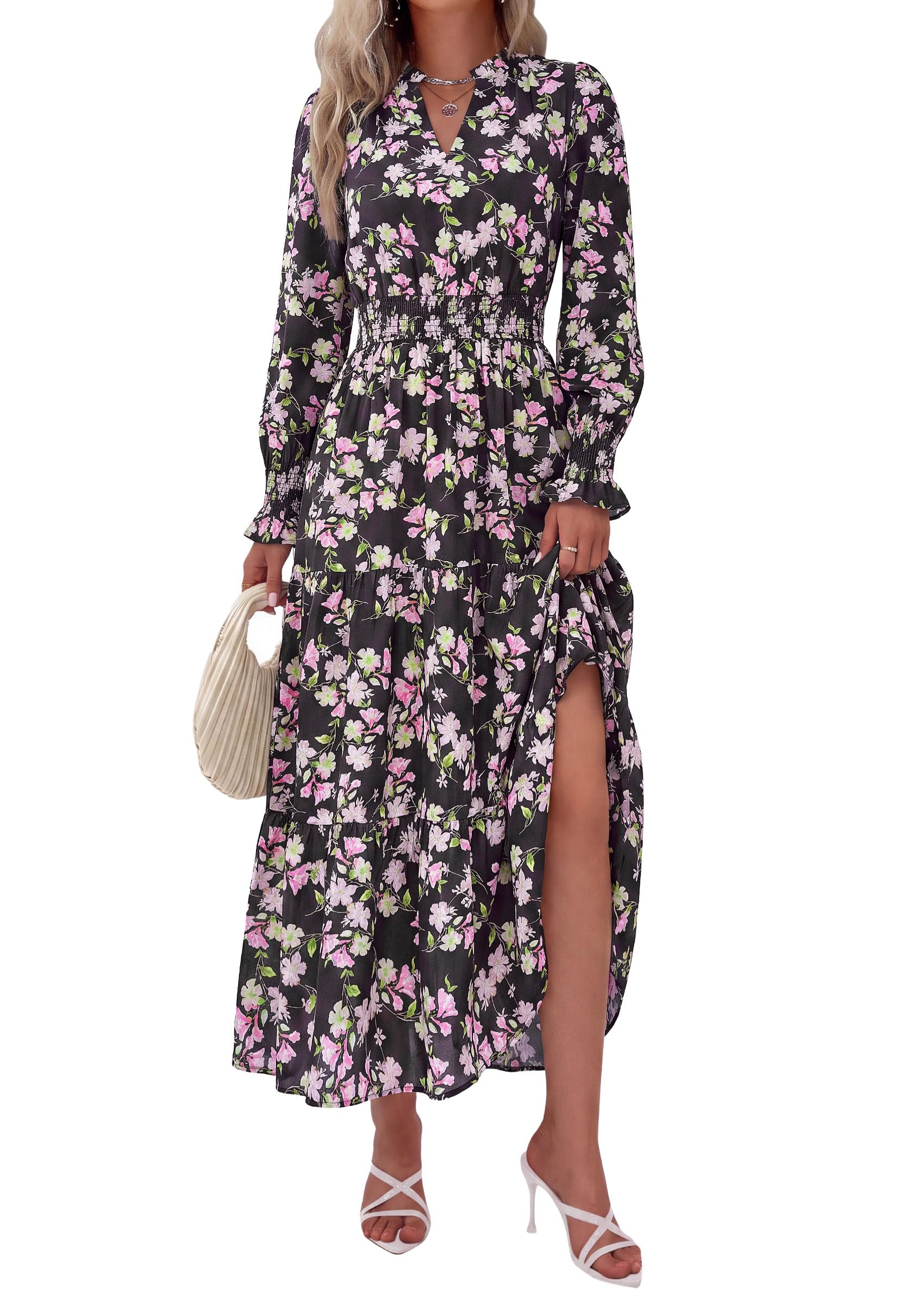 Women's Floral Maxi Dress Fall A Line Wedding Guest Dresses