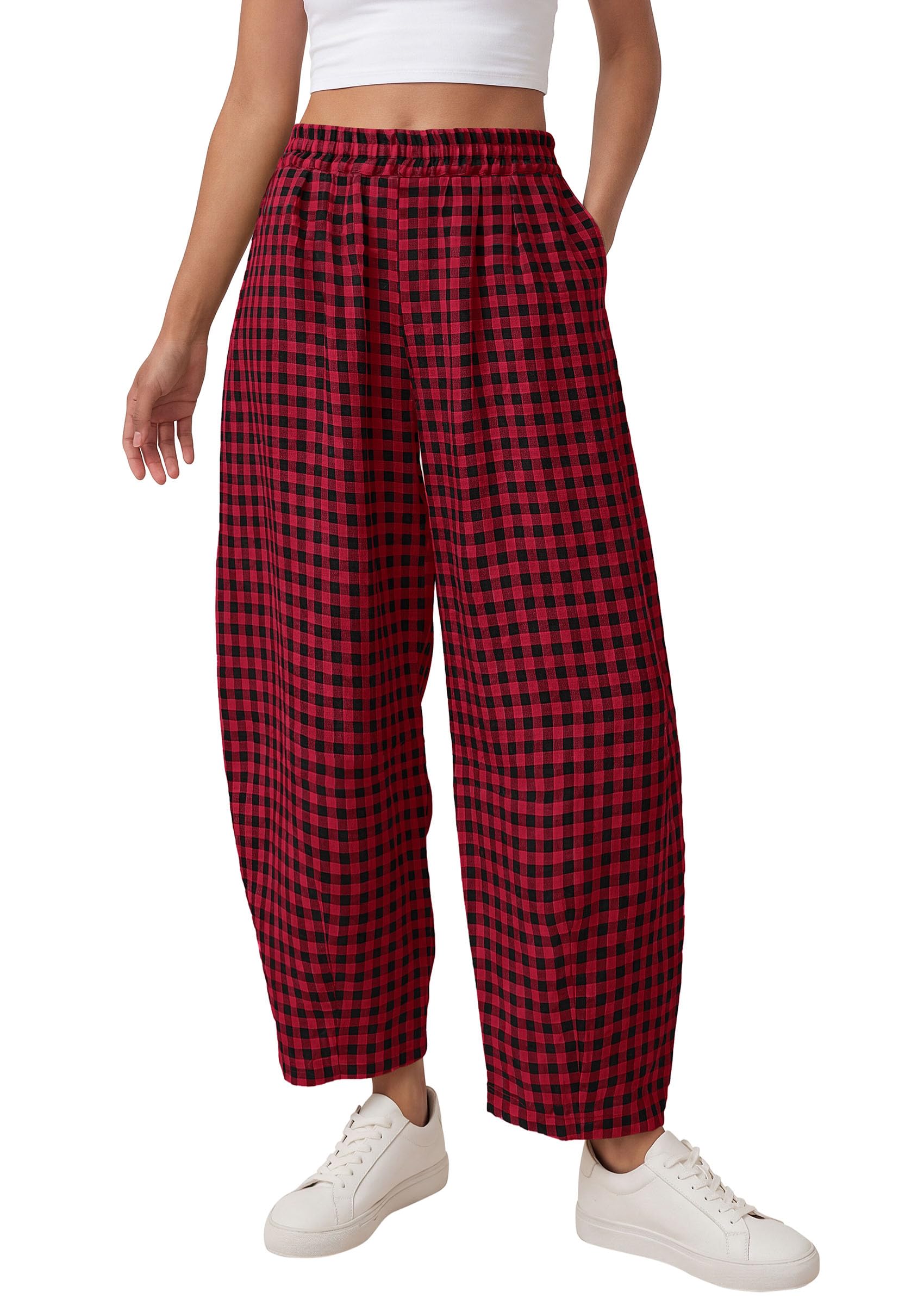 Plaid Barrel Pants Women Summer Bottoms, Black Red Plaid,S