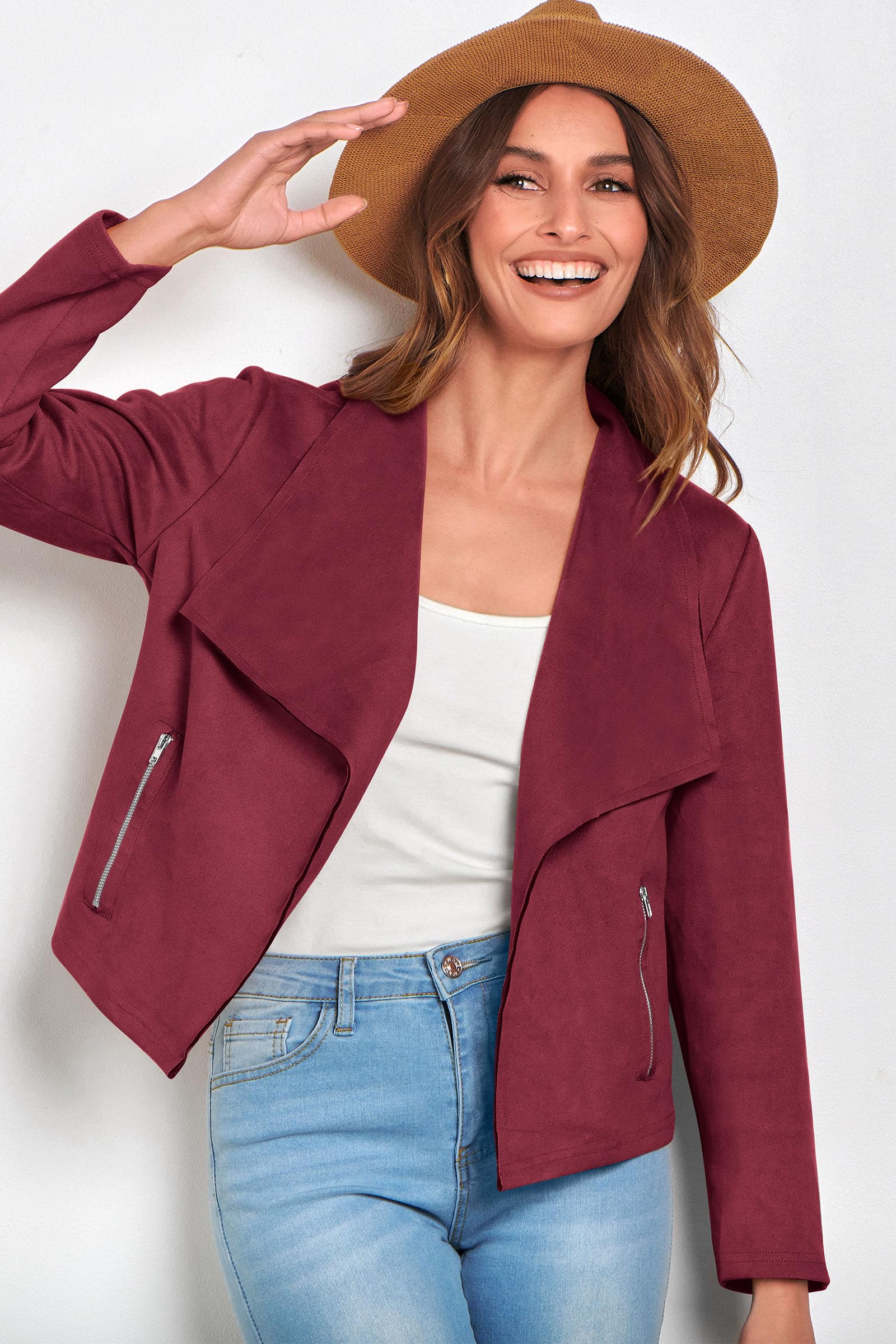 Women's Fall Fashion Faux Suede Jackets(Wine Red,Small)