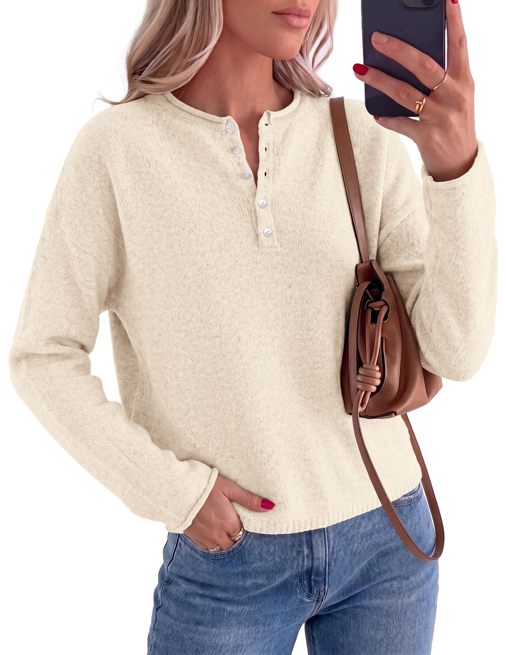 Women's Henley Cozy Sweaters Button Up Pullover Beige S