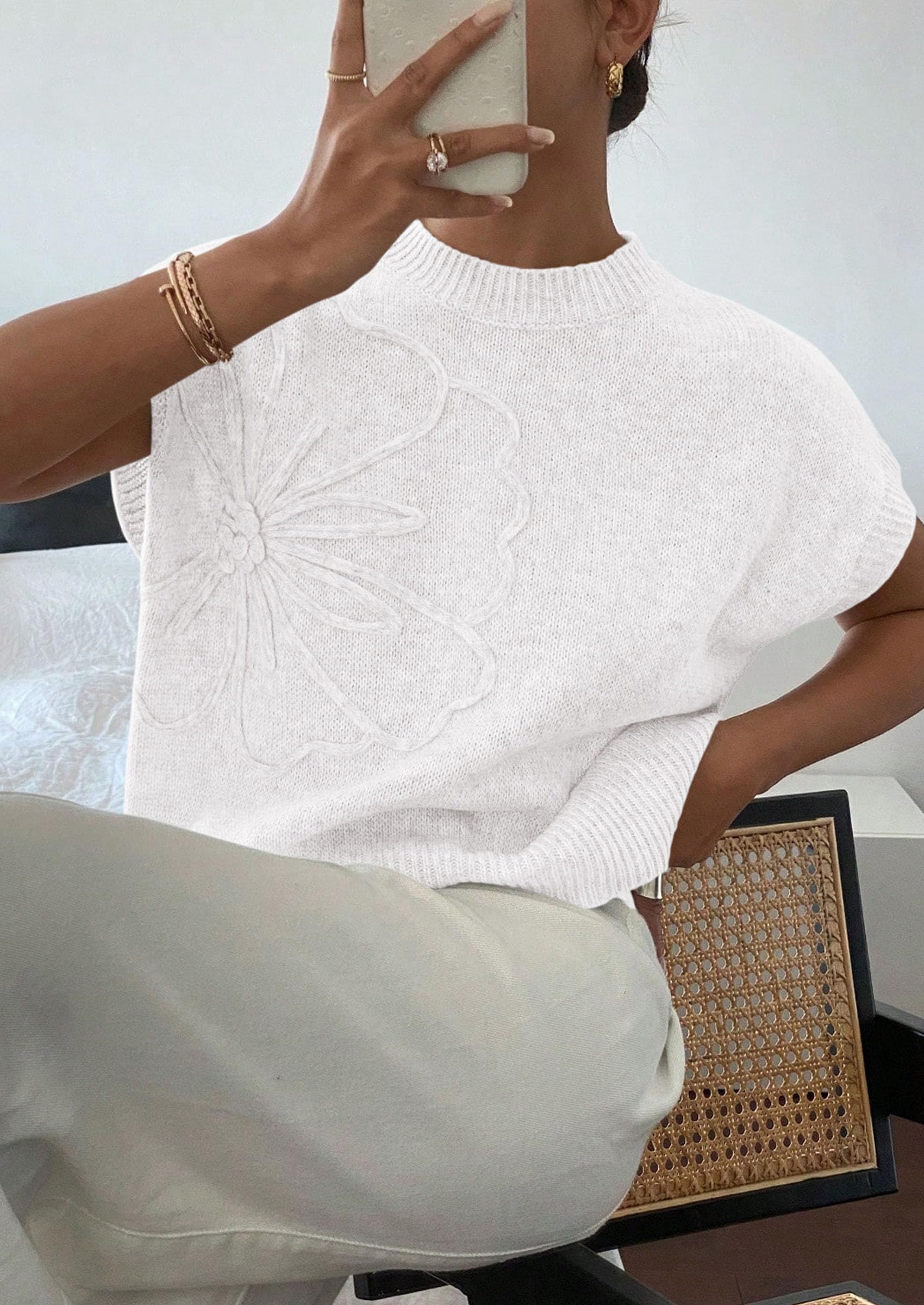 Women's Summer Short Cap Sleeve Sweater Vest (White,S)