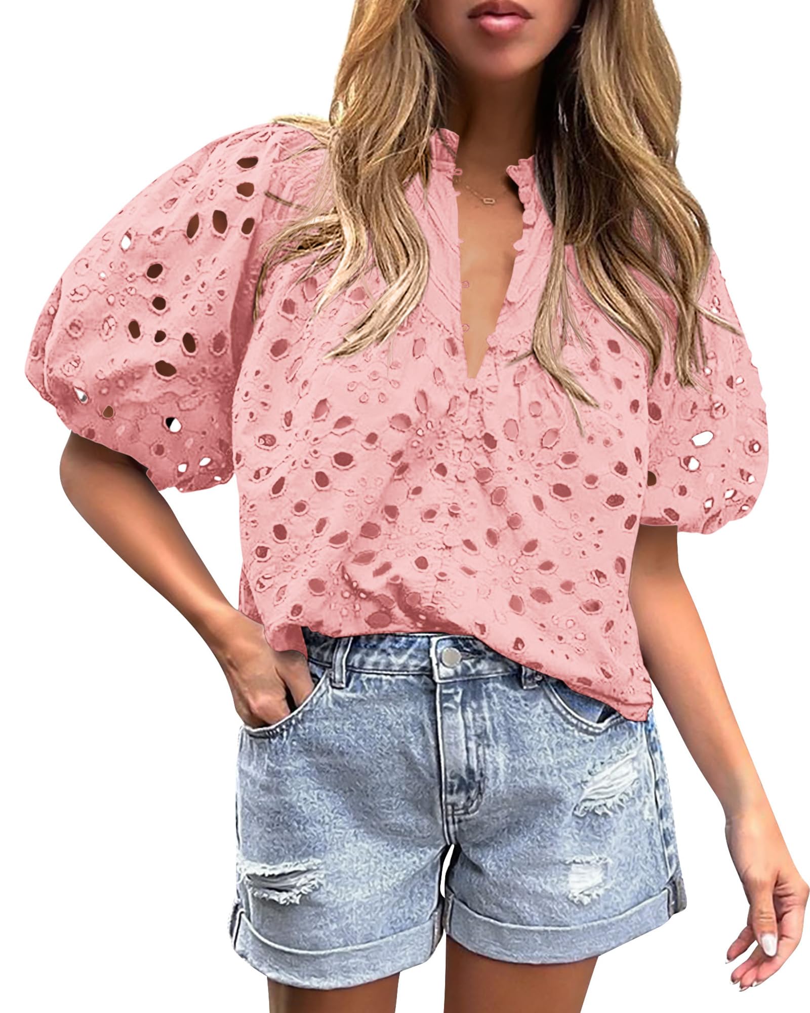 Womens Tops Boho Eyelet Puff Sleeve Blouse, Pink,S