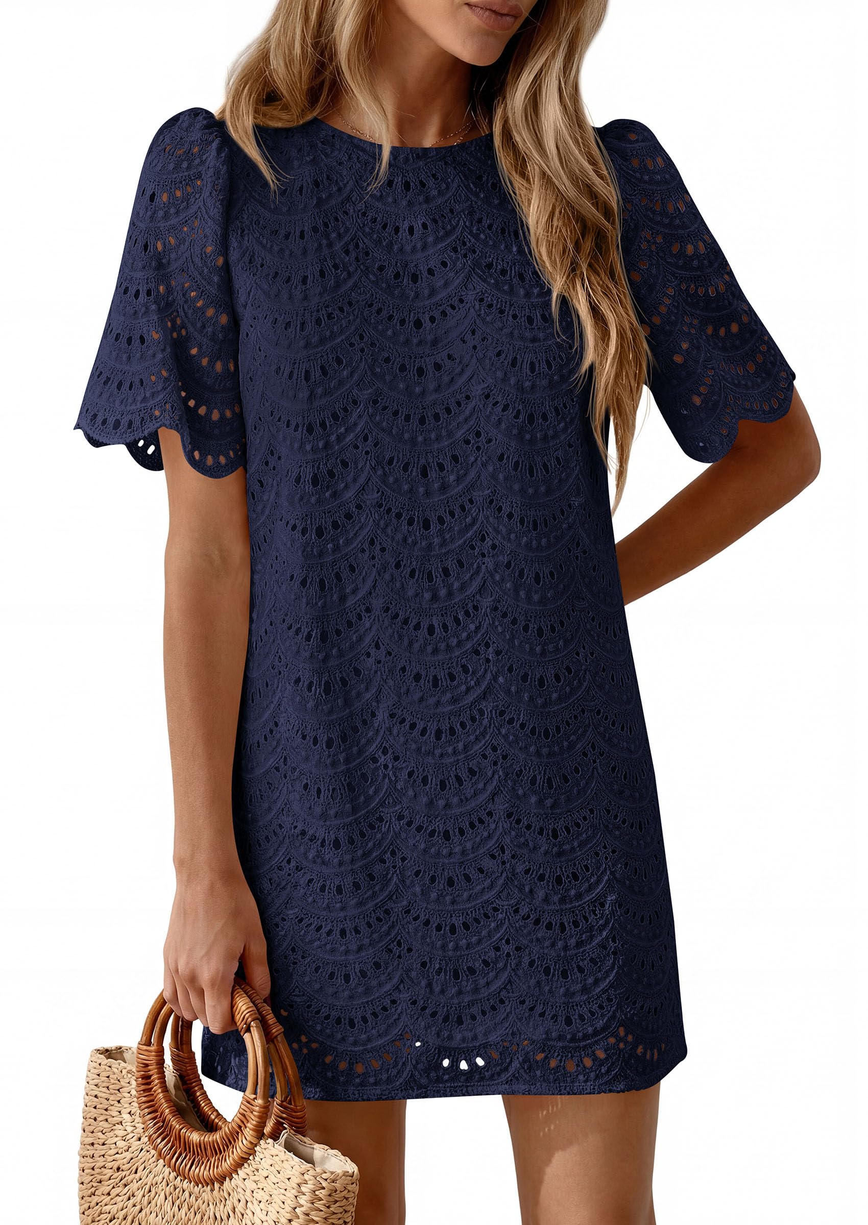 Women's Summer Eyelet Lace Short Dress (Navy Blue,S)