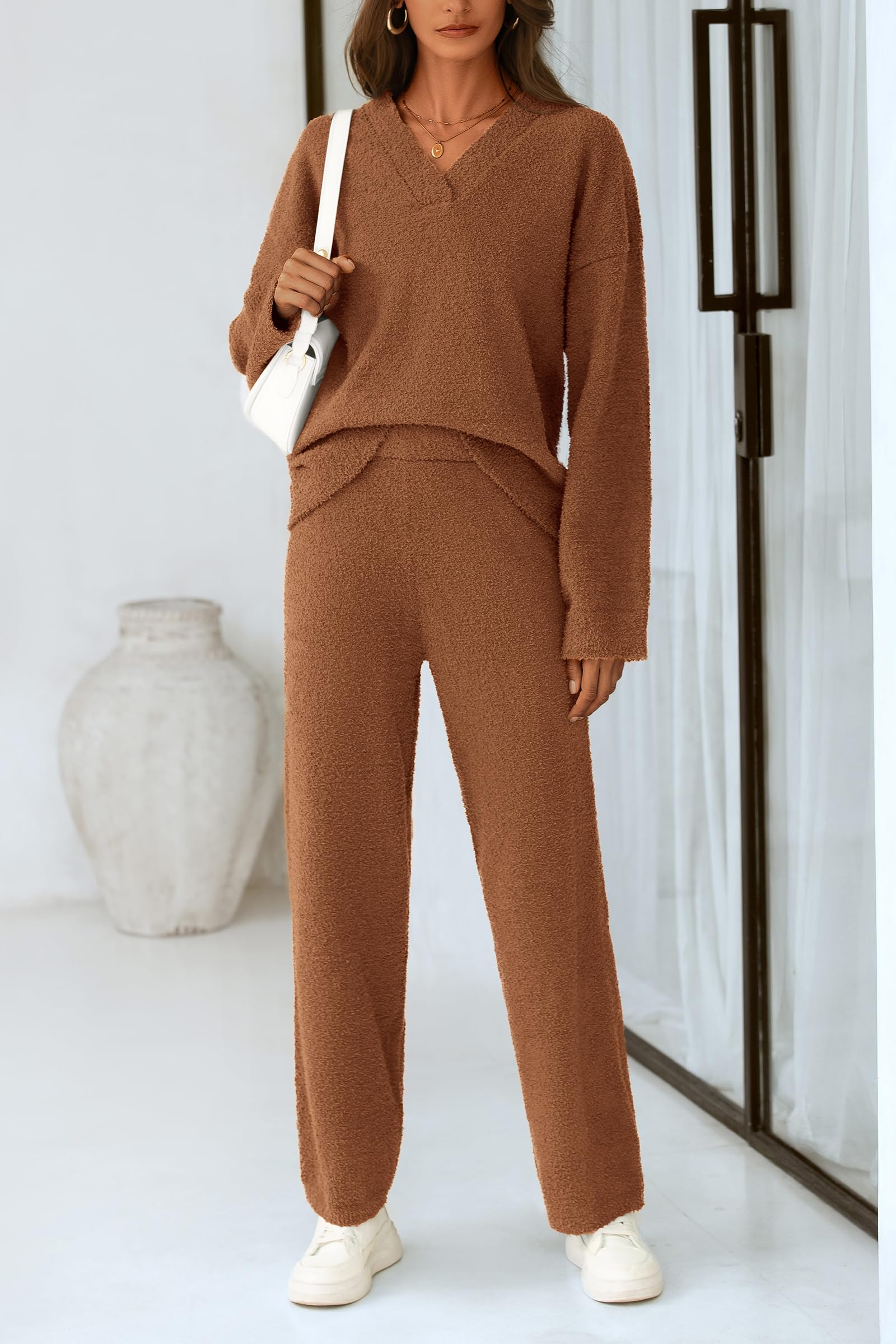 Lounge Sets for Women Fall 2 Piece Fuzzy Sweater Pajama Set