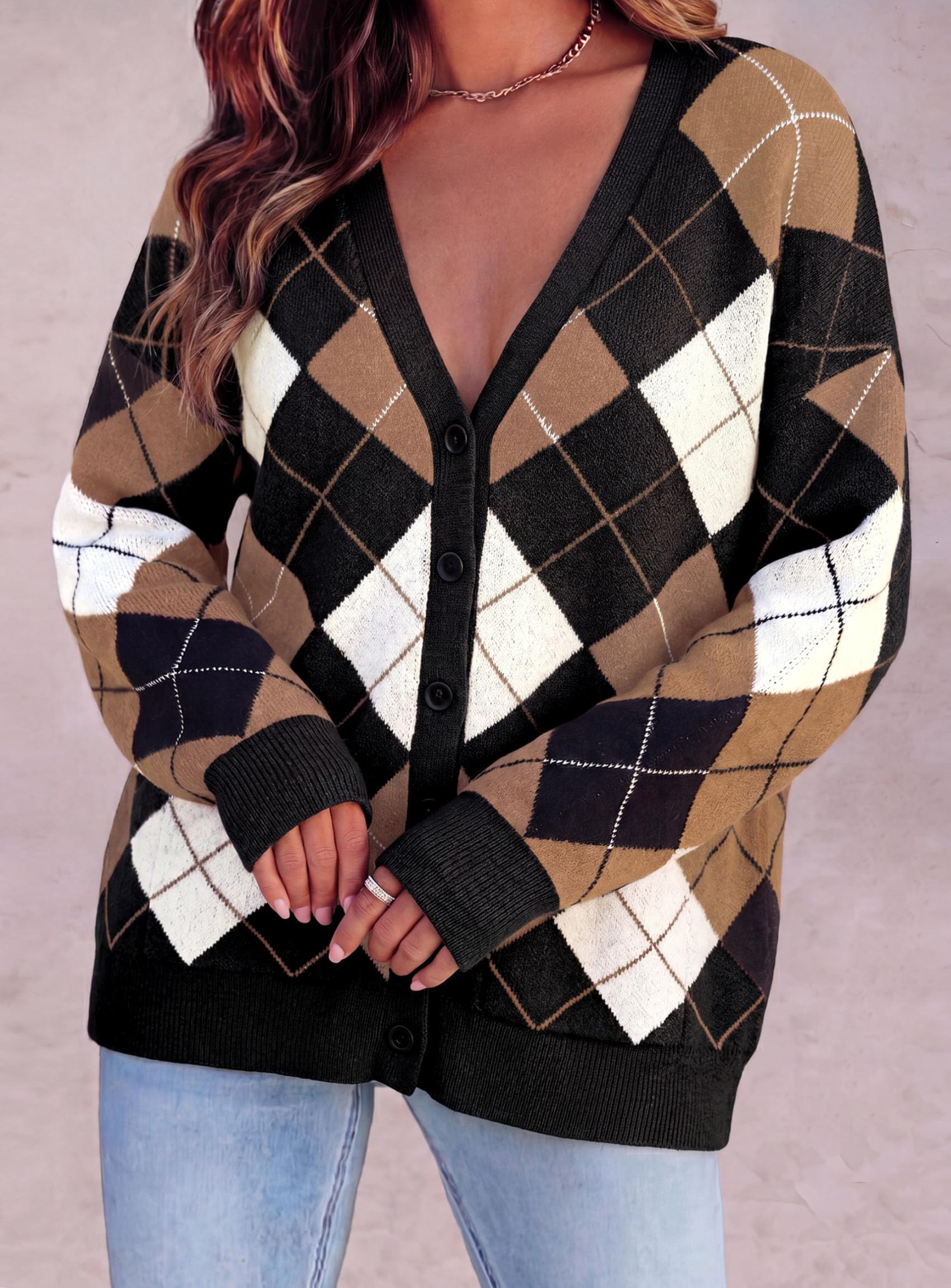 Women's Cardigan Argyle Winter Sweaters (Plaid Black,S)
