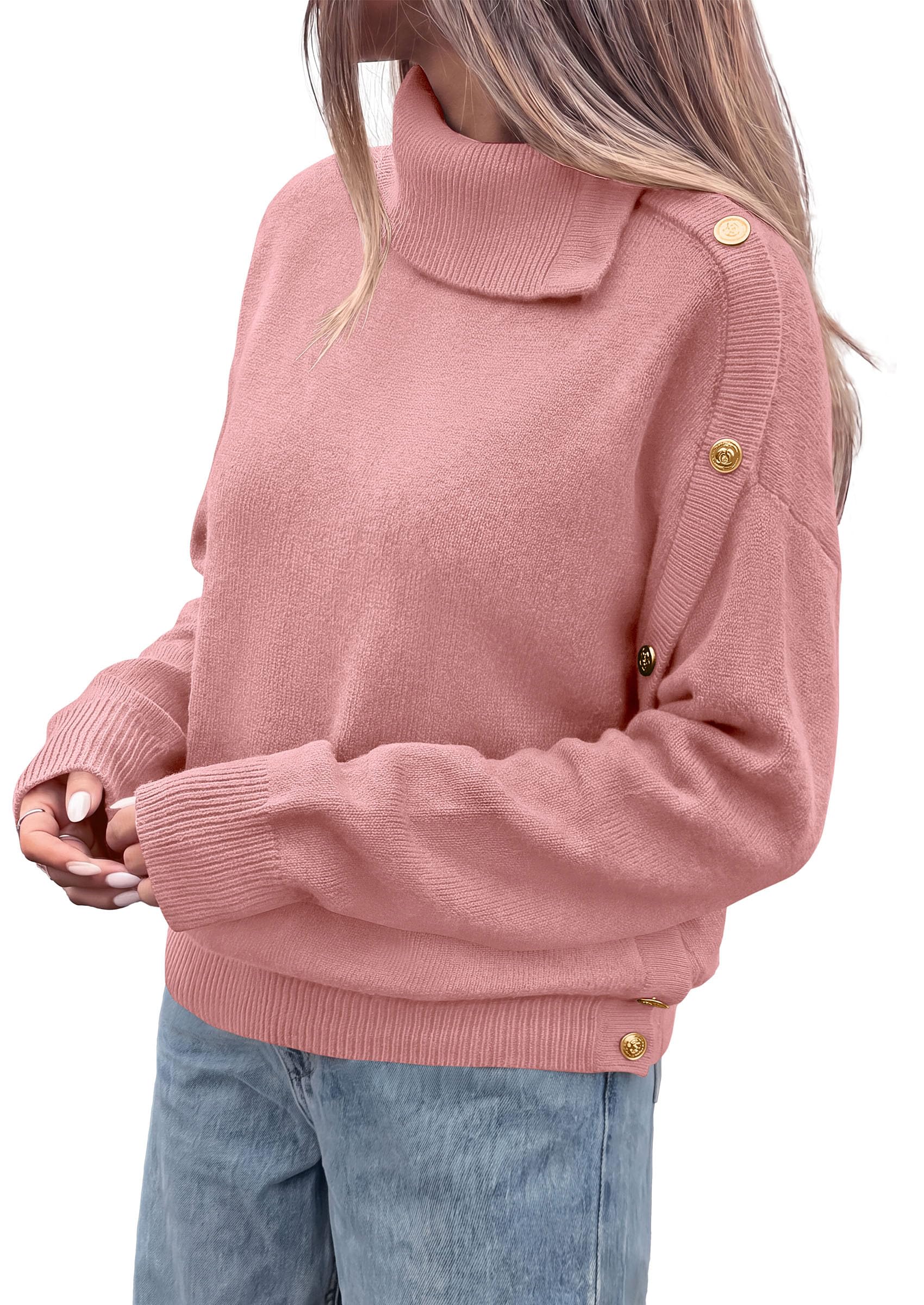 Womens Turtleneck Sweater Pullover Side Button Fall Clothes