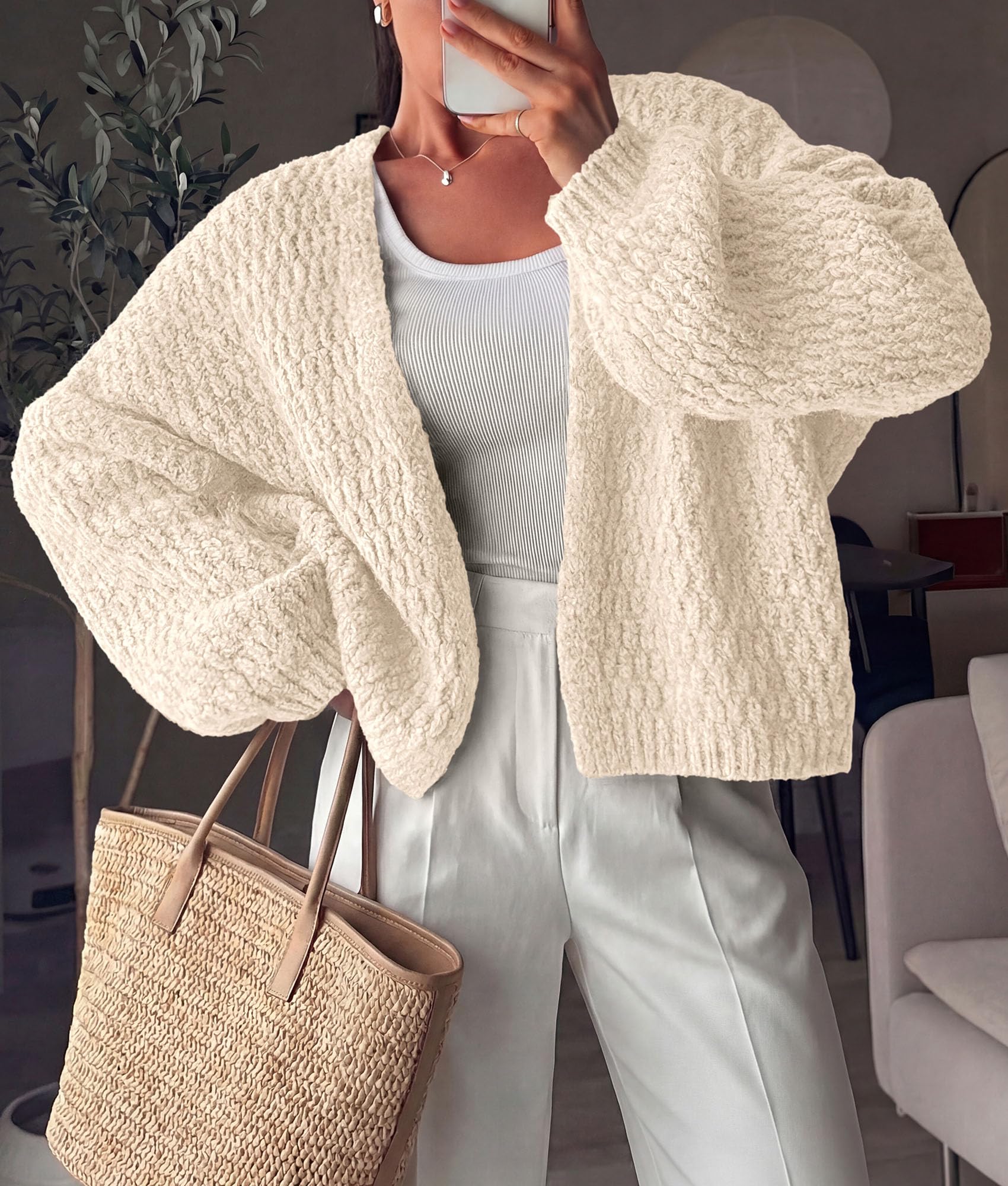 Women's Fall Cardigan Open Front Chunky Sweaters Beige S