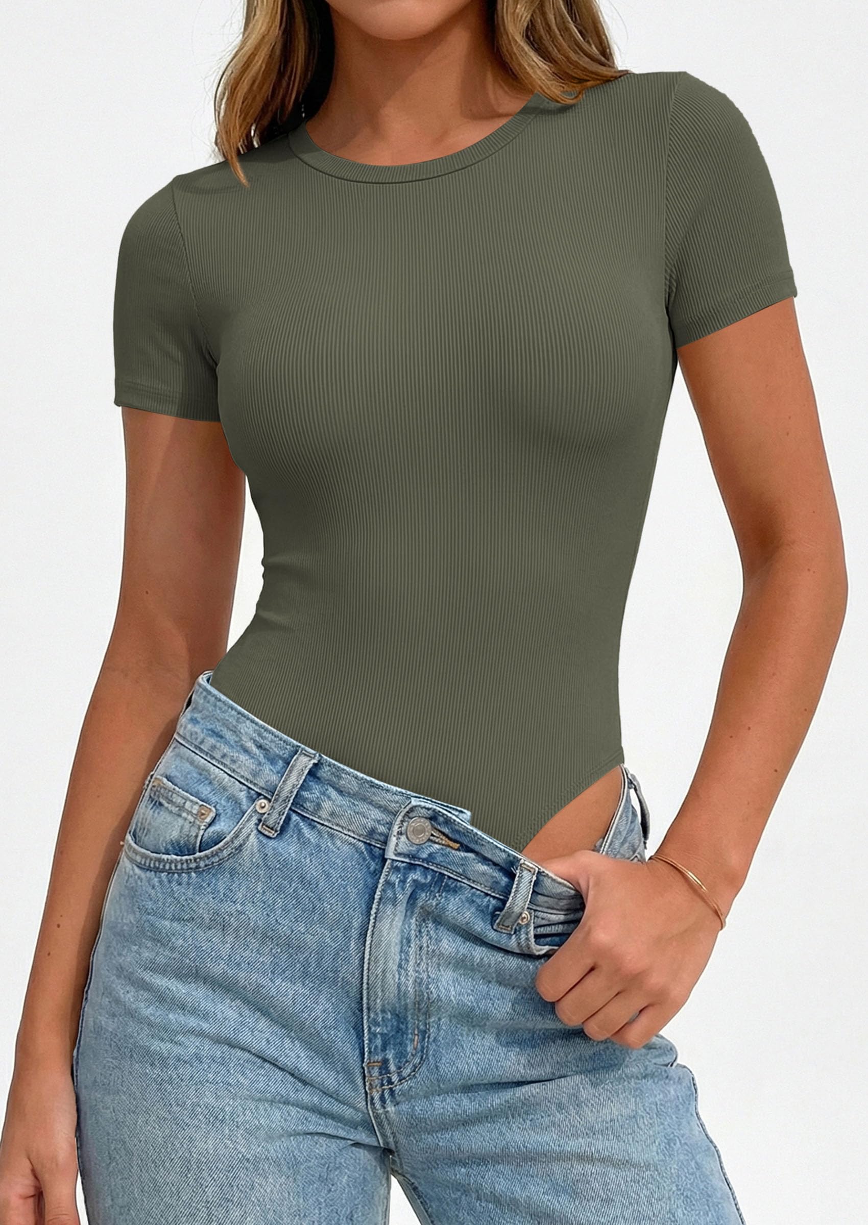 Body Suits for Womens Short Sleeve Summer Tops, Army Green,XS
