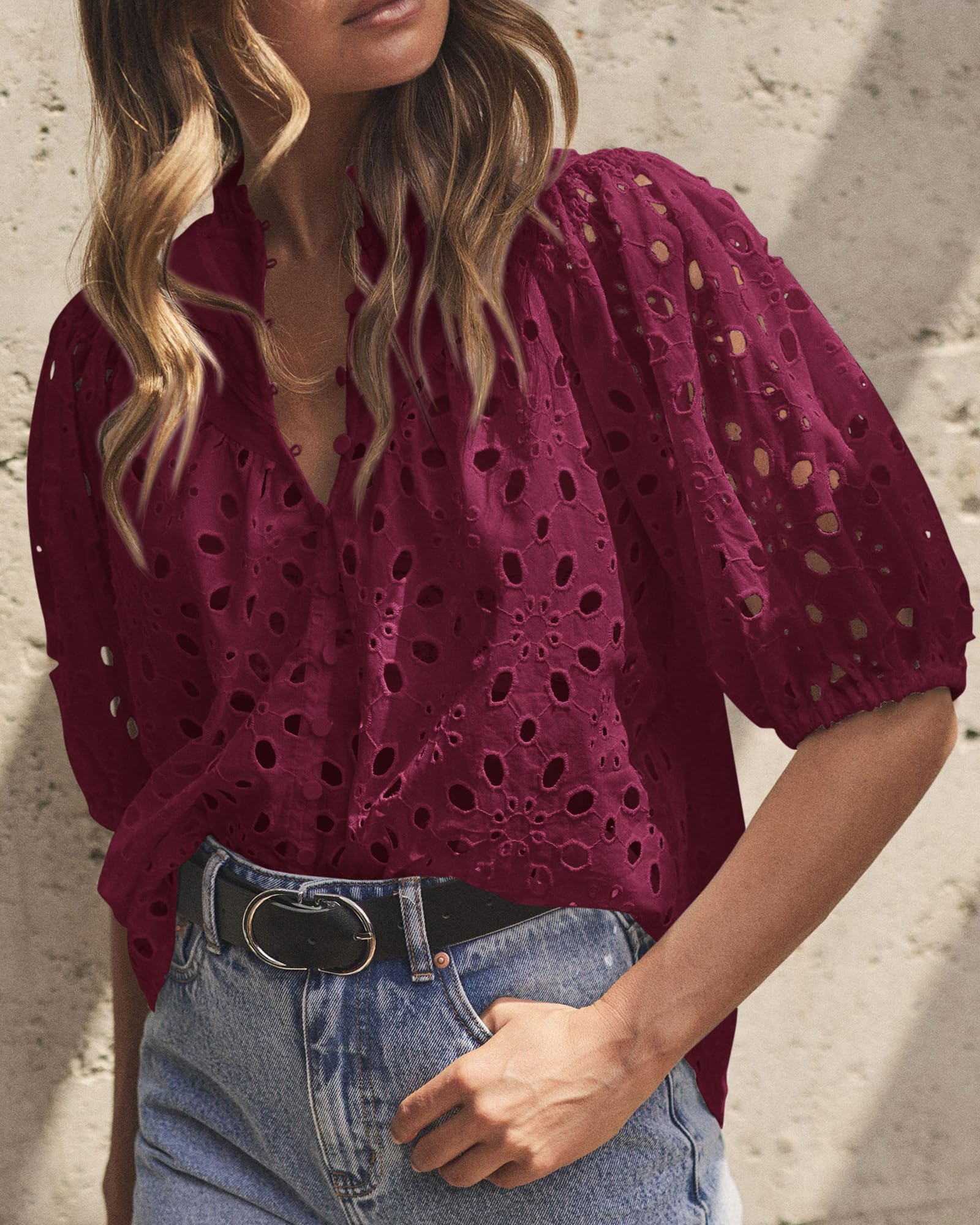 Womens Tops Boho Eyelet Puff Sleeve Blouse, Wine Red,S