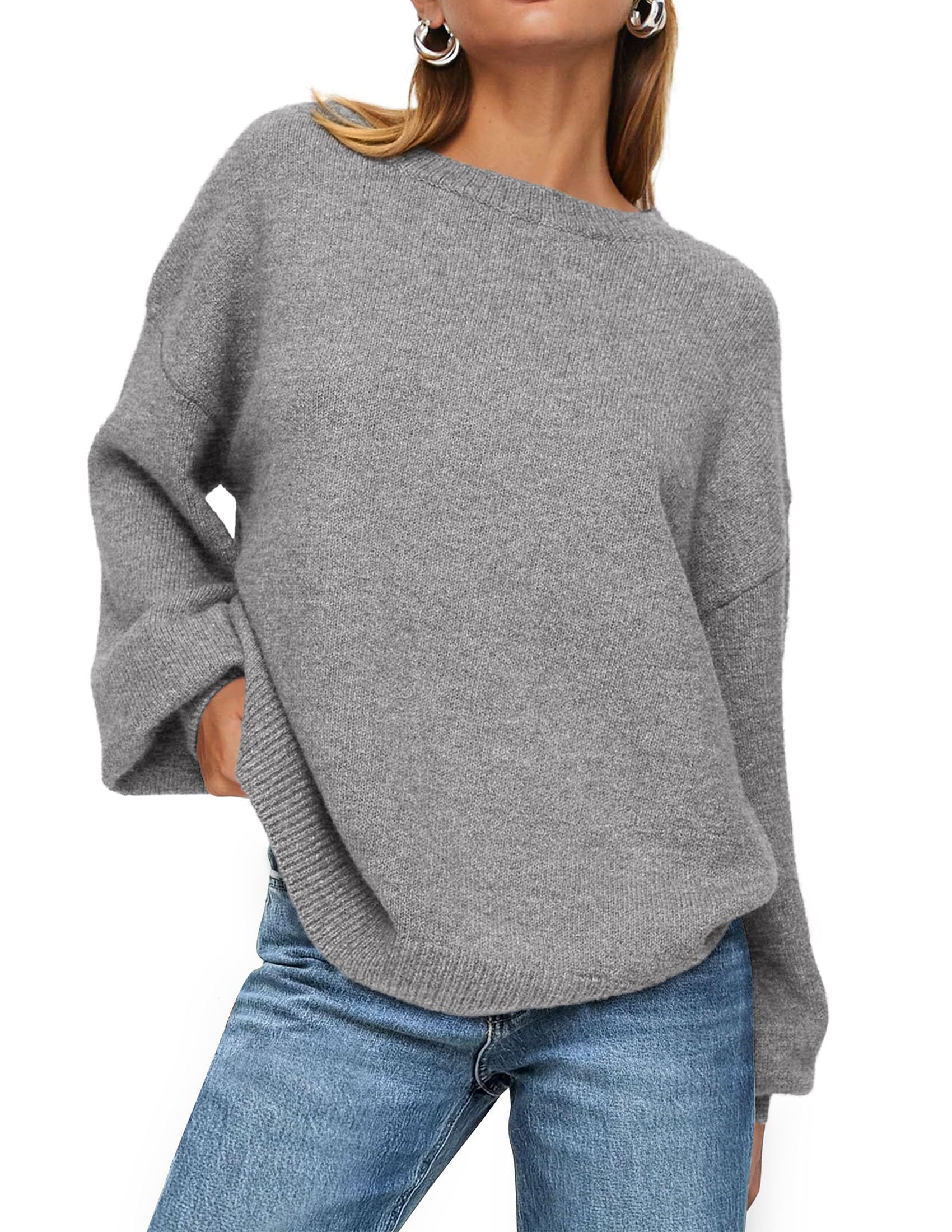 Women's 2025 Fall Sweaters Casual Crew Neck Long Sleeve Pullover Tops Ribbed Knit Loose Fit Winter Clothes (Grey,Small)