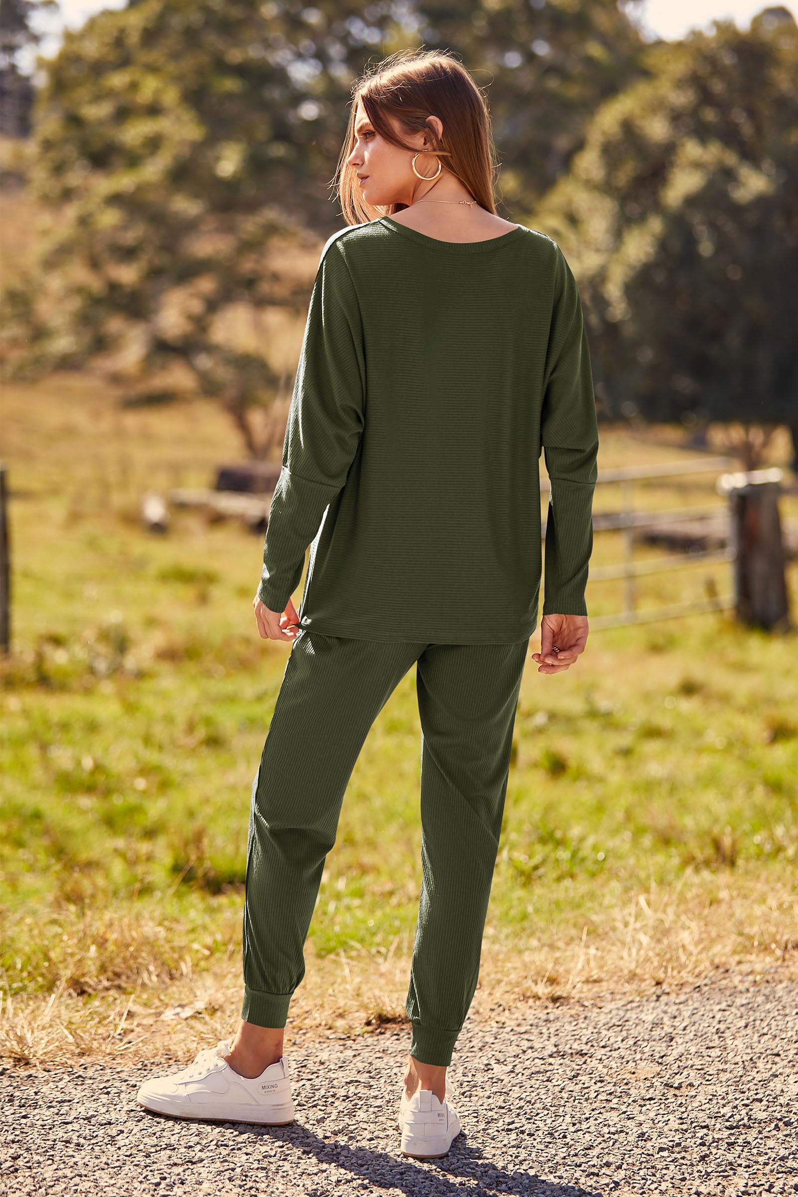 Women's 2 Piece Fall Outfits Matching Ribbed Knit Lounge Sets