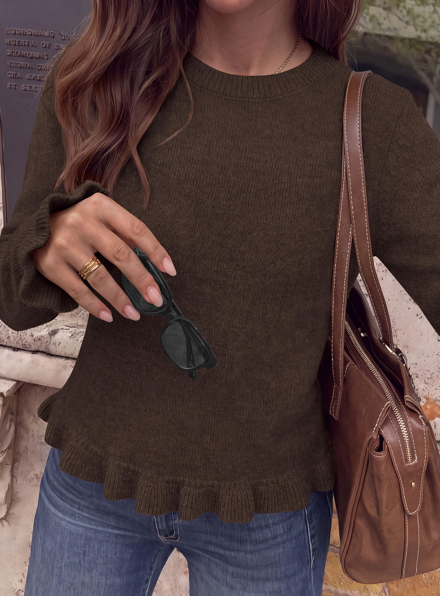 Women's Ruffle Sweaters Fall Fashion Cozy Knit Pullover Brown