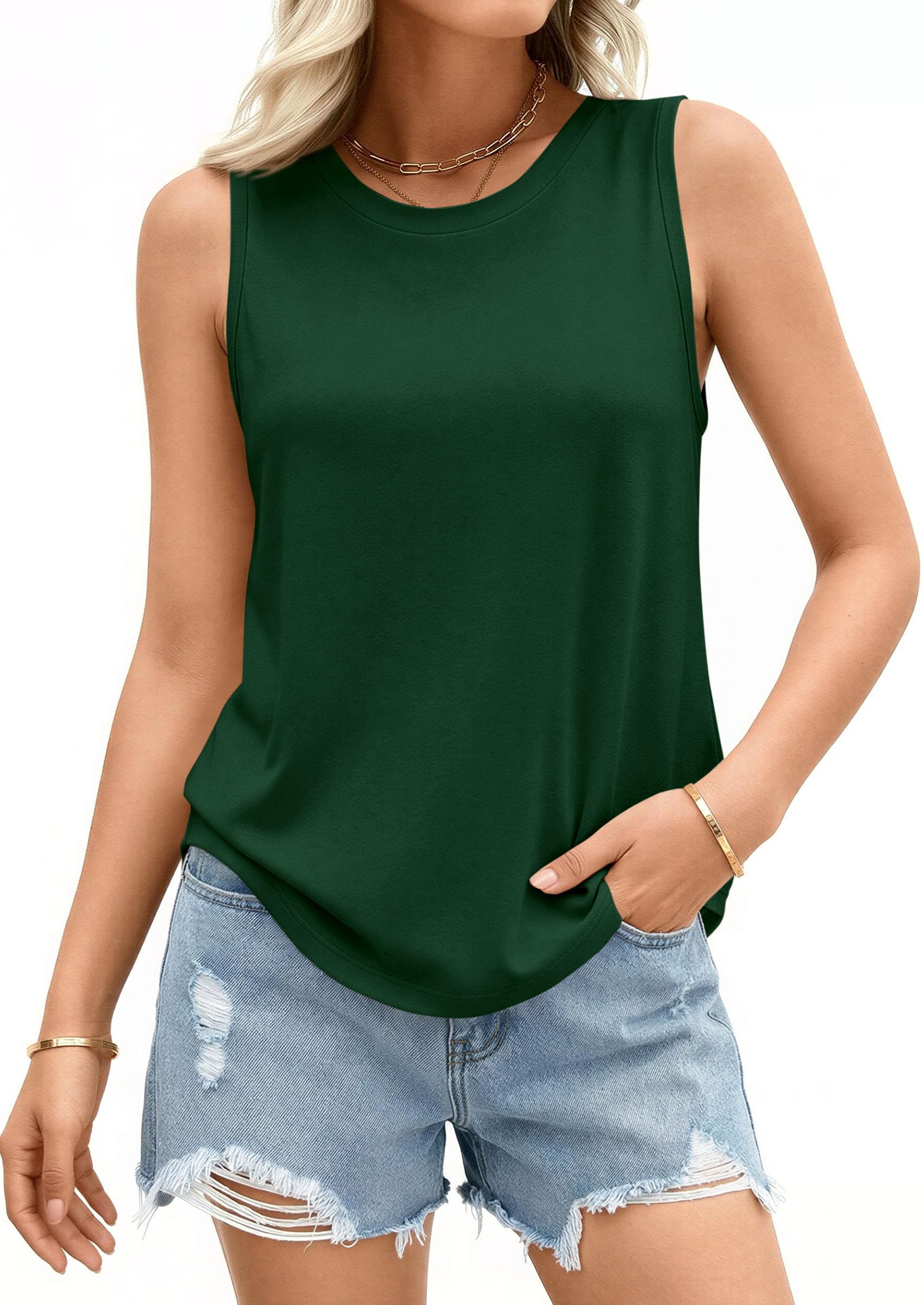 Women's Wide Strap Sleeveless Tank Tops,Dark Green,S