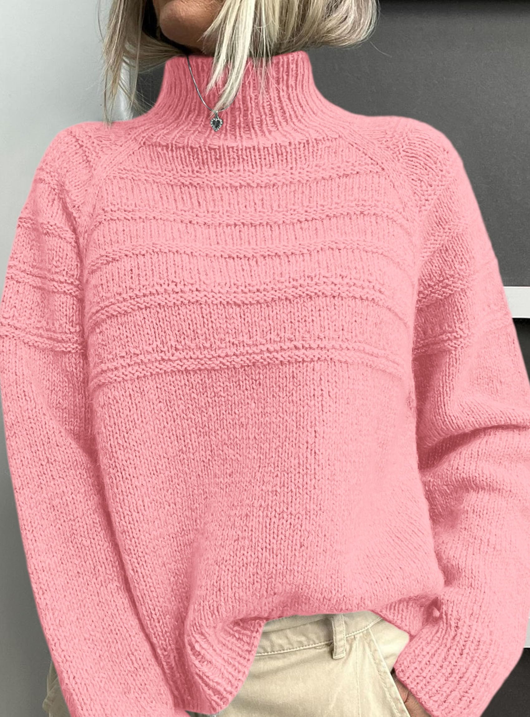 Women's Chunky Knit Mock Neck Pullover Sweaters,Pink,S
