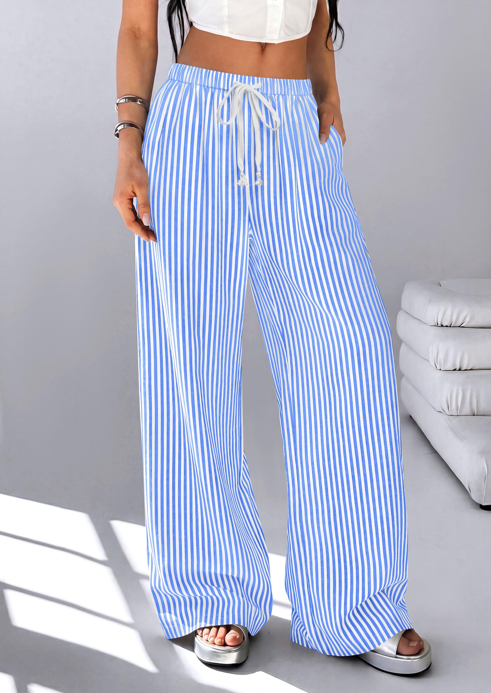Women's Striped Wide Leg Pants 2026 Casual Palazzo with Pocket