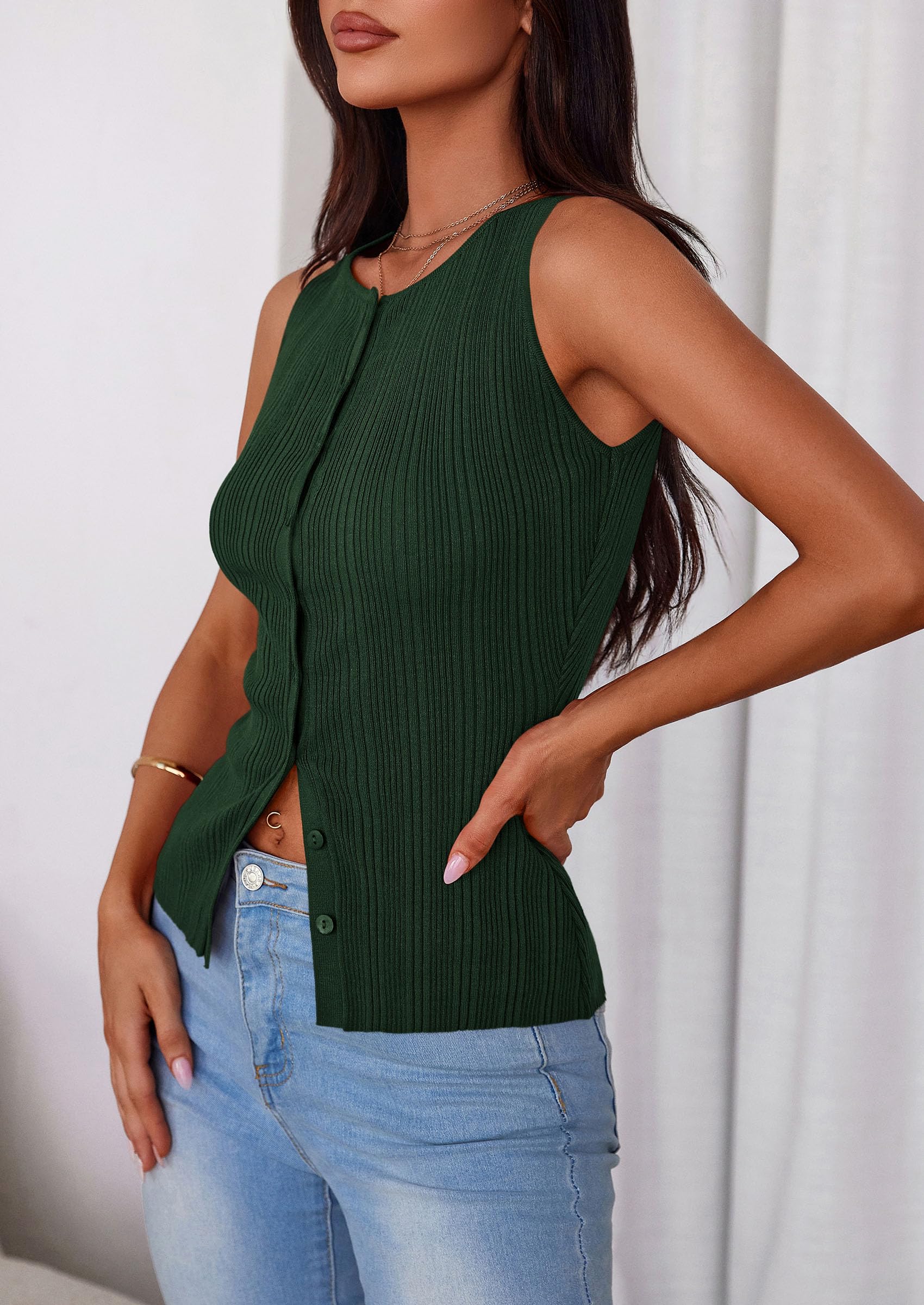 Sleeveless Button Down Shirts for Women Summer 2026 Going Out Ribbed Knit Tank Tops Y2K Clothes Trendy Vest Tops Dark Green