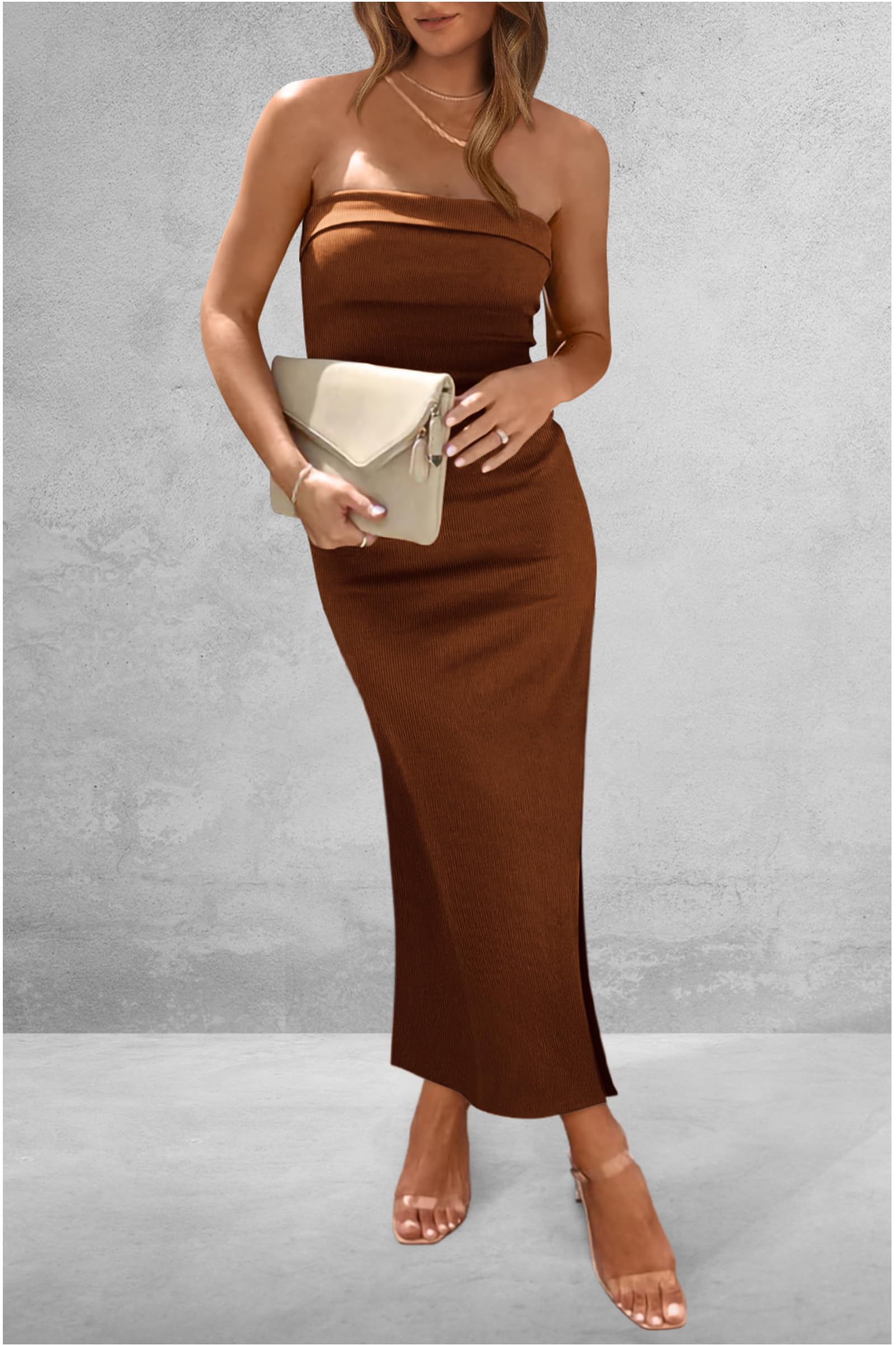 Women's Summer Strapless Cocktail Maxi Dresses Brown