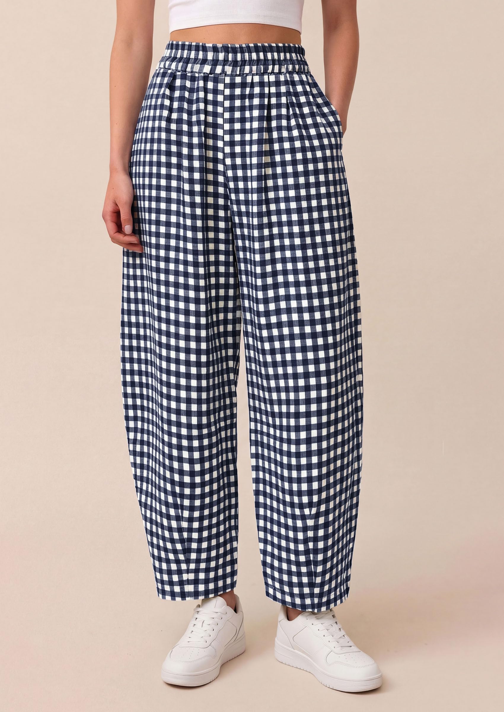 Plaid Barrel Pants Women Summer Bottoms, Navy Blue Plaid,S