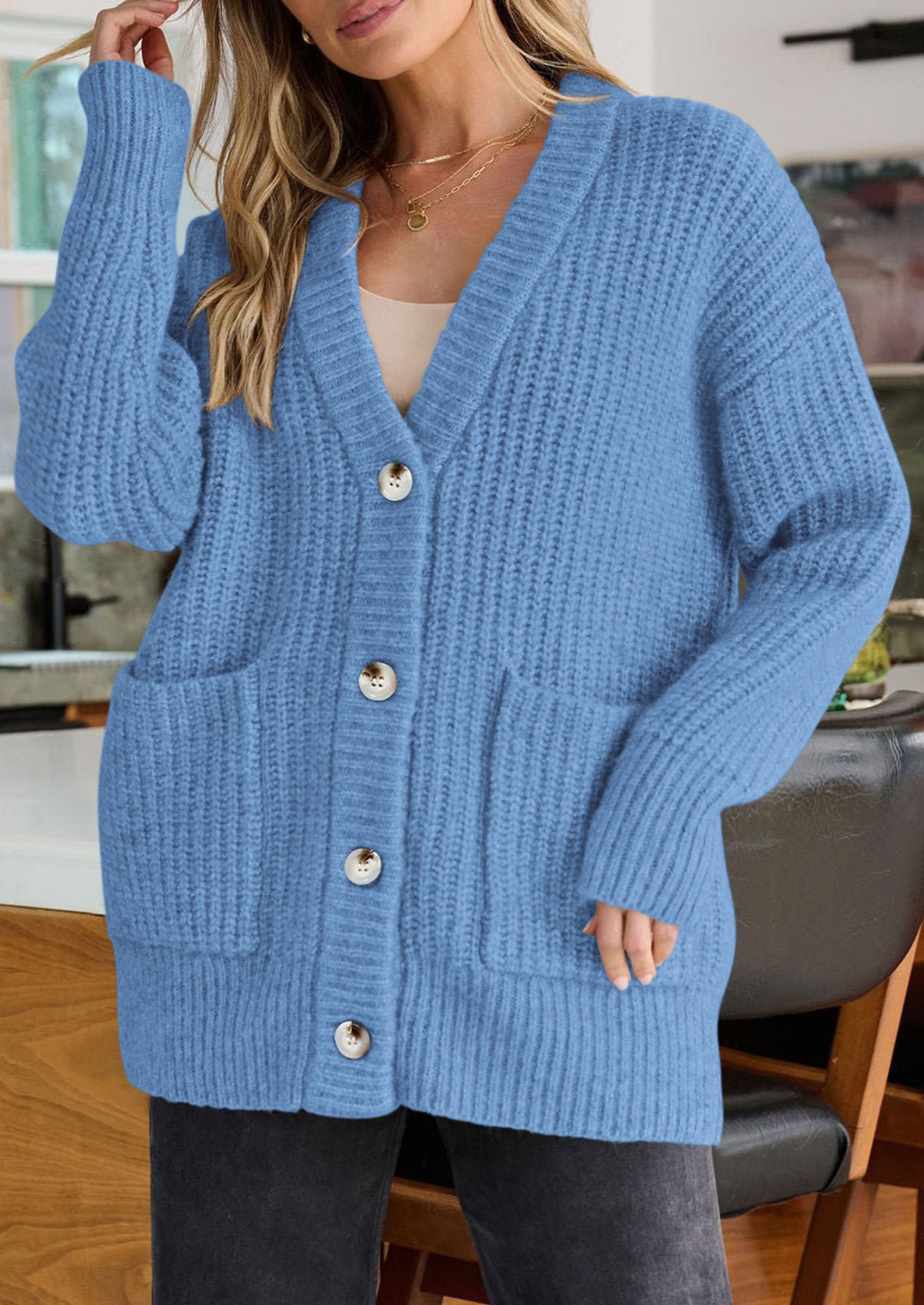 Oversized Cardigan Sweaters for Women Button Up,Light Blue,S