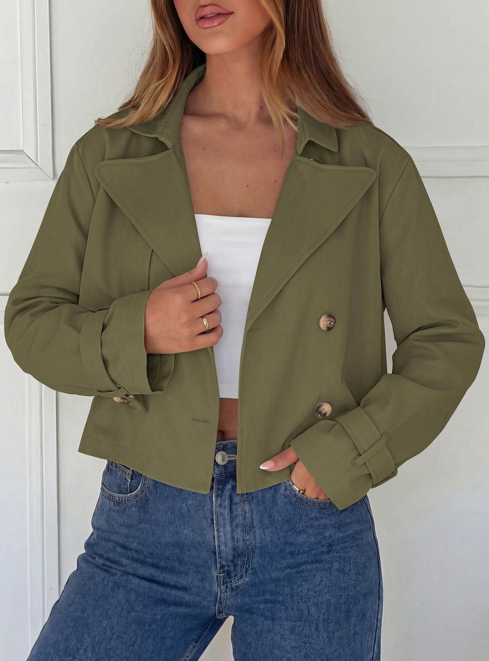 Cropped Trench Coat For Women Short Jacket,Army Green,S