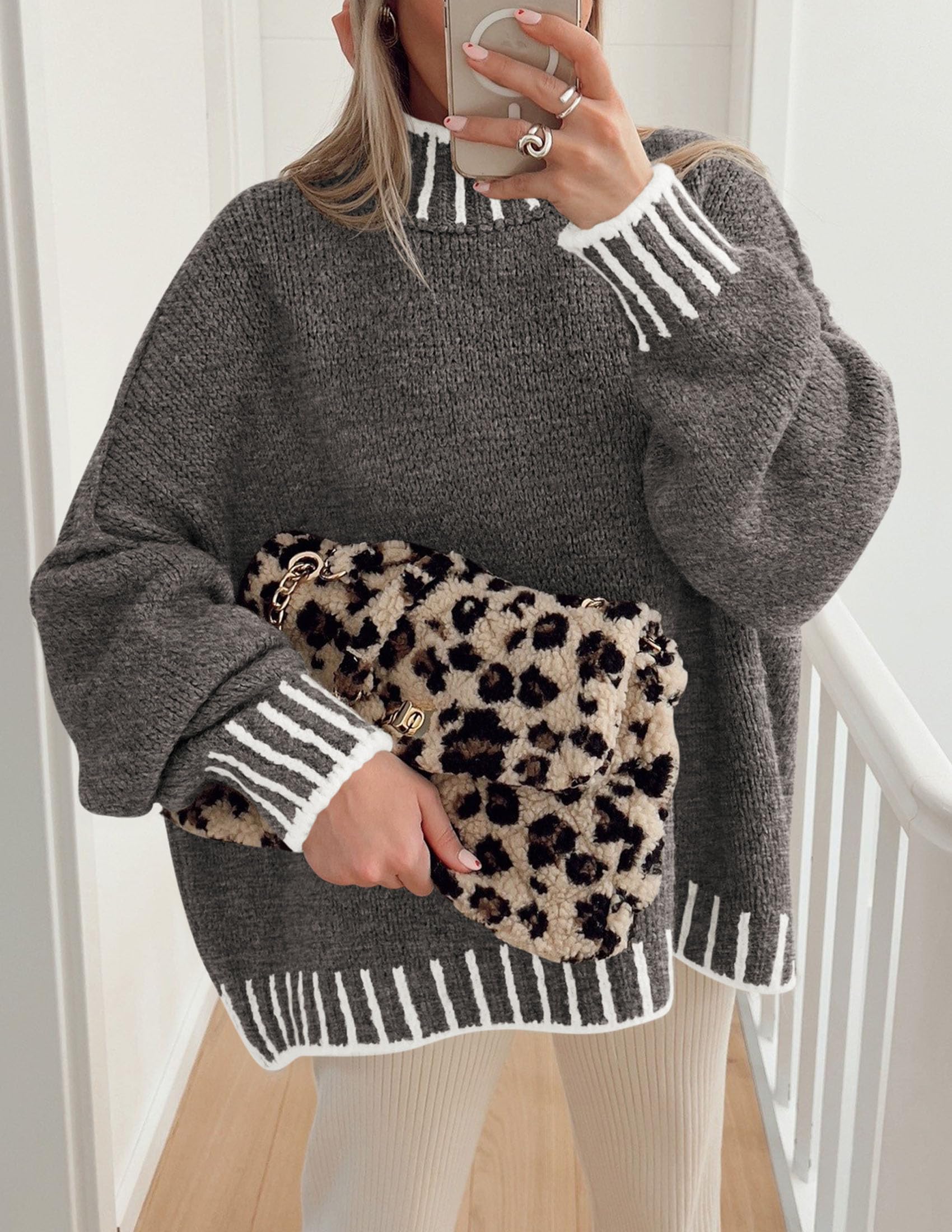 Women's Mock Neck Oversized Pullover Sweaters,Grey,XS